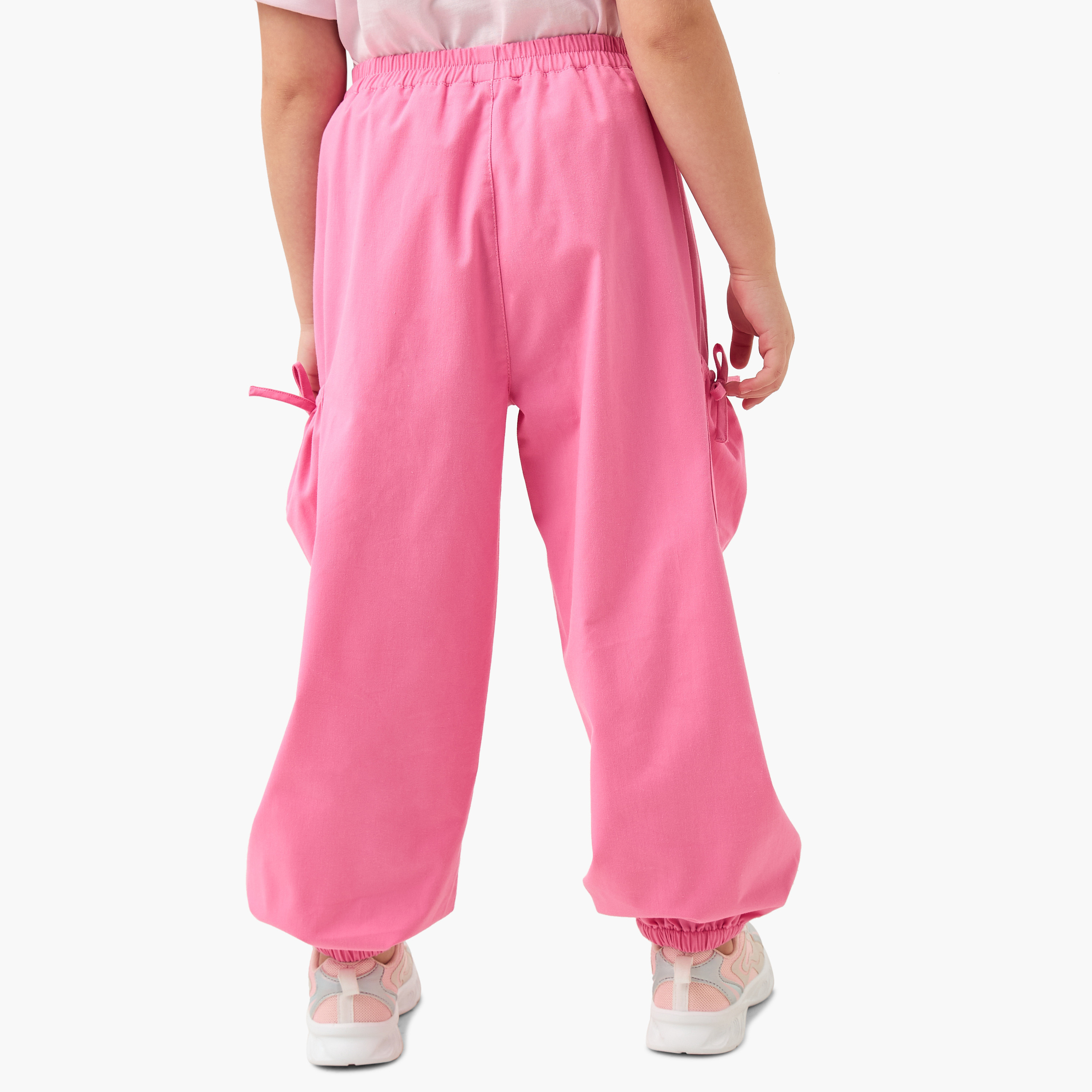 Juniors Solid Cargo Joggers with Bow Detail and Elasticated Waistband-girls-clothing-bottoms-joggersandtrackpants-image-3