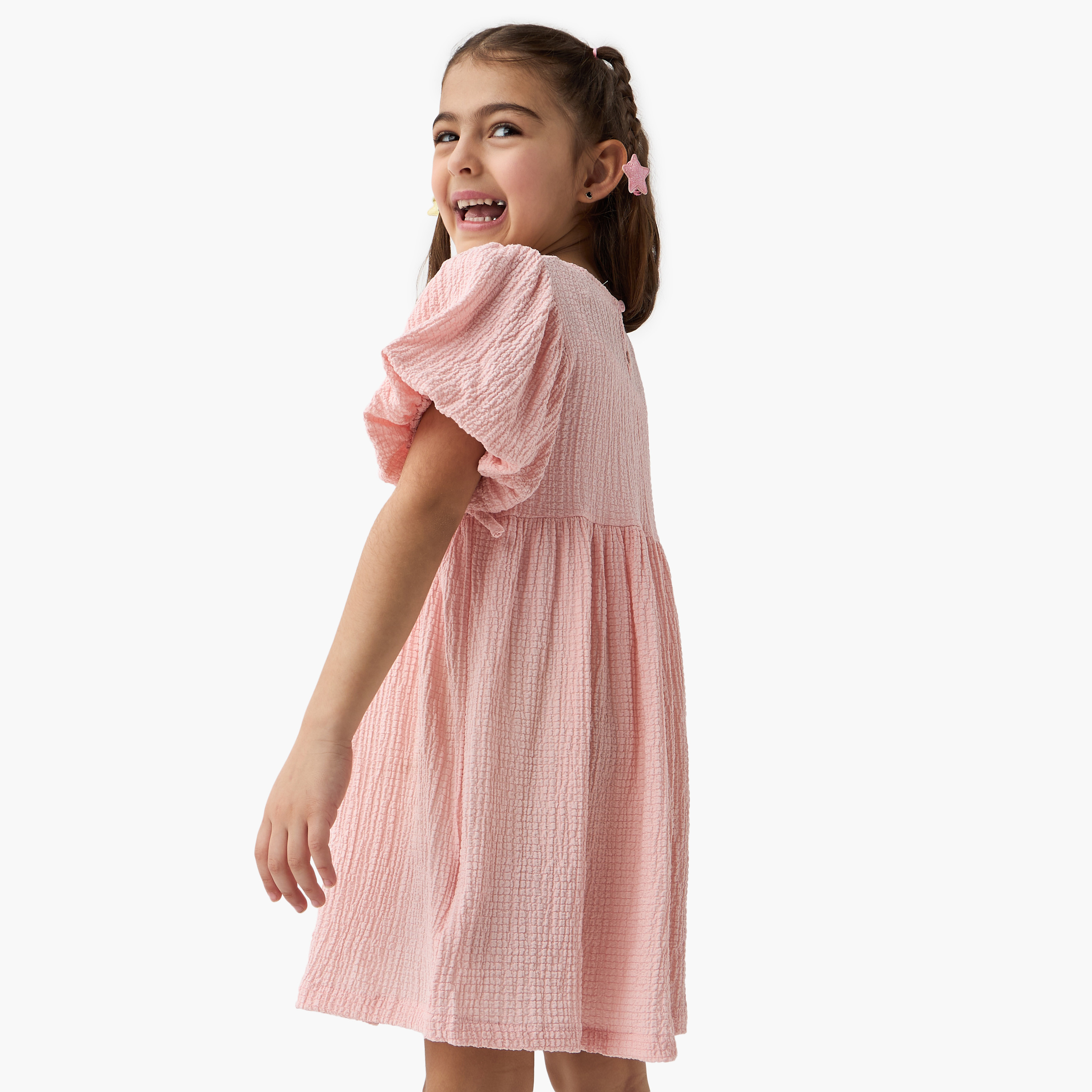 فستان إيه لاين بارز الملمس بأكمام منفوخة وياقة V من جونيورز-girls-clothing-dressesandjumpsuits-image-2