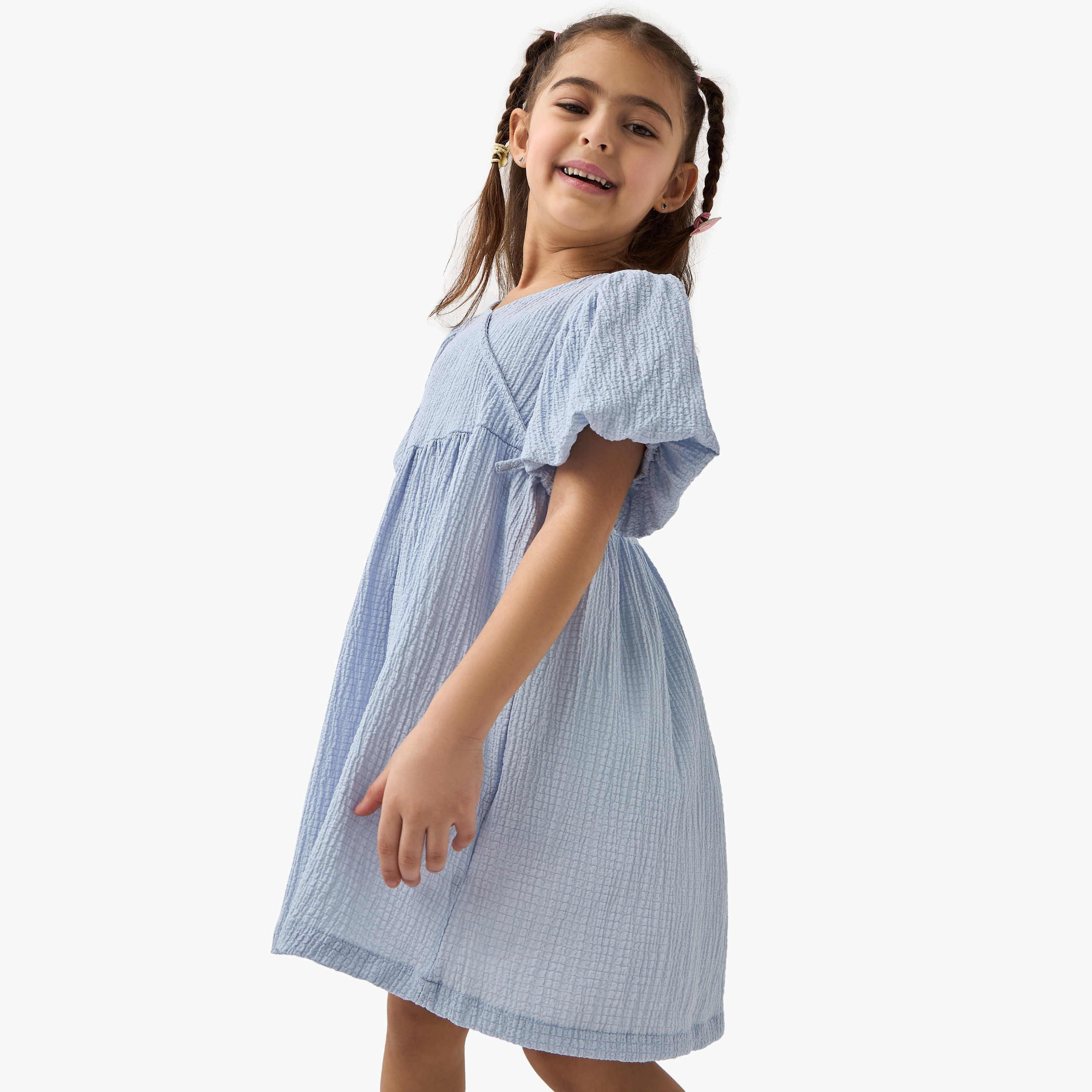 Juniors Textured A-line Dress with Puff Sleeves and V-neck-girls-clothing-dressesandjumpsuits-image-1