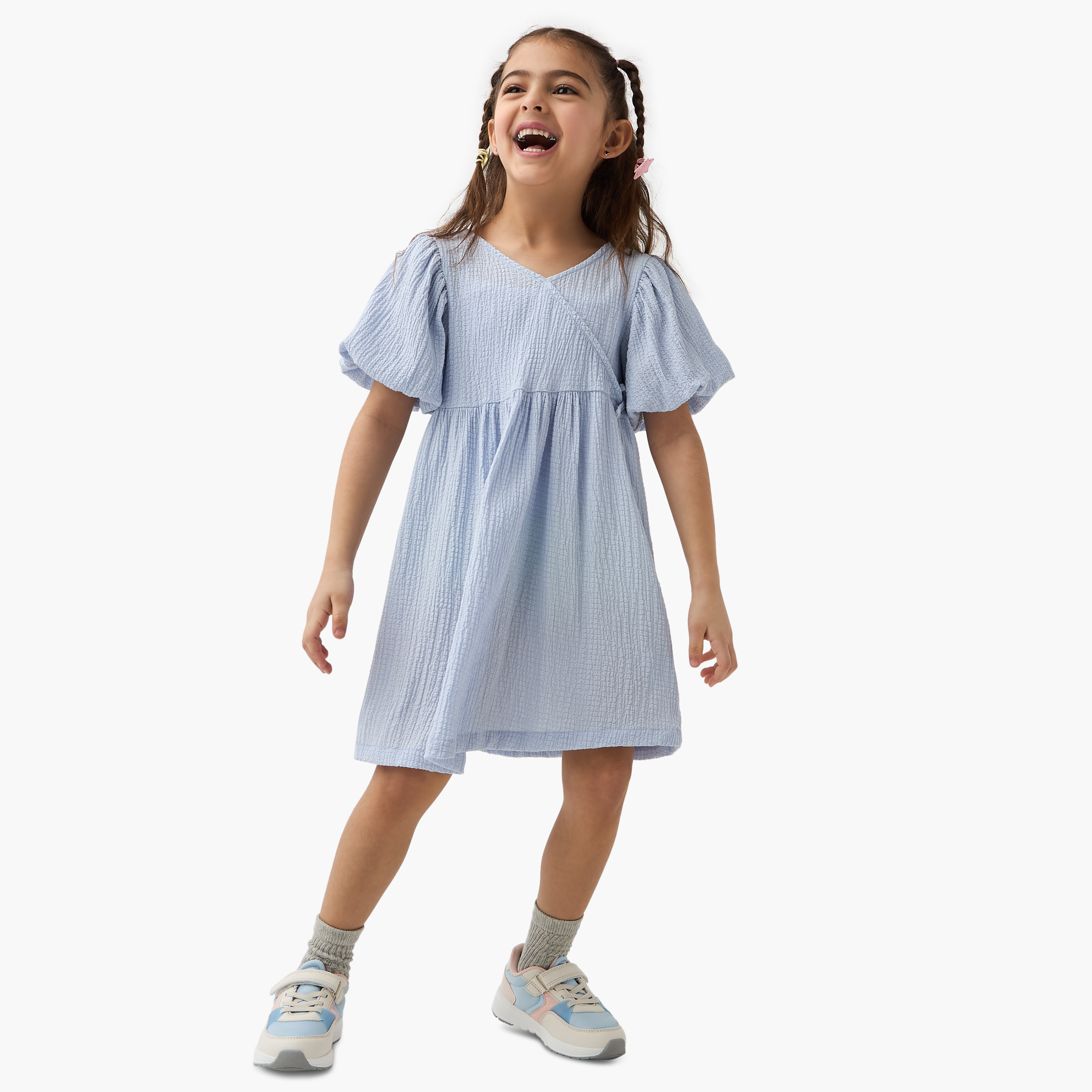Juniors Textured A-line Dress with Puff Sleeves and V-neck-girls-clothing-dressesandjumpsuits-image-2