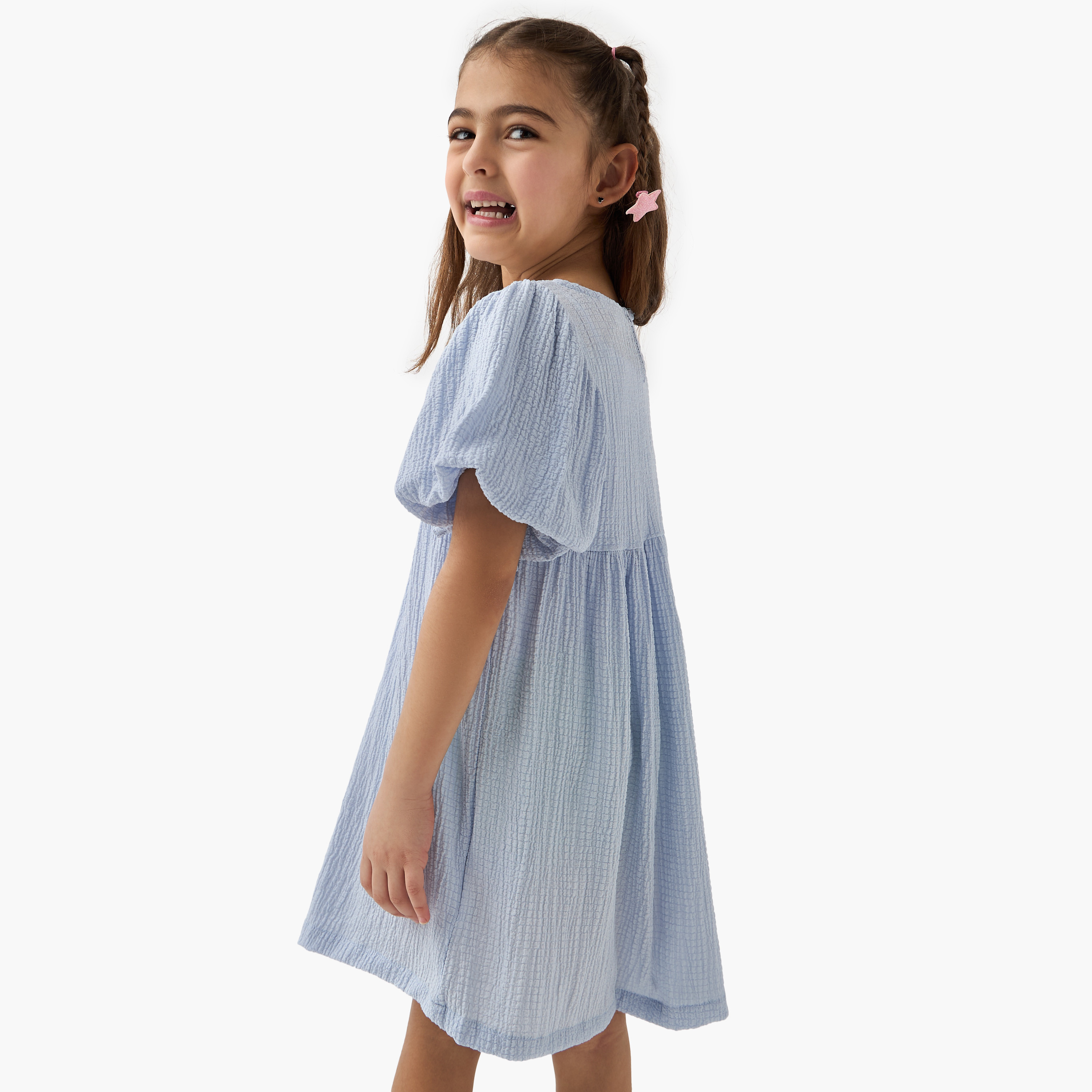 Juniors Textured A-line Dress with Puff Sleeves and V-neck-girls-clothing-dressesandjumpsuits-image-3