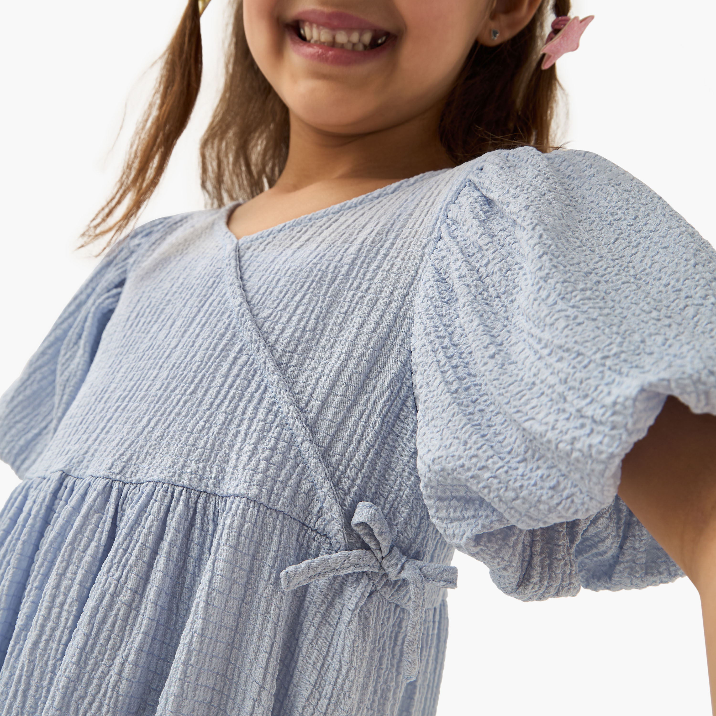 Juniors Textured A-line Dress with Puff Sleeves and V-neck-girls-clothing-dressesandjumpsuits-image-4