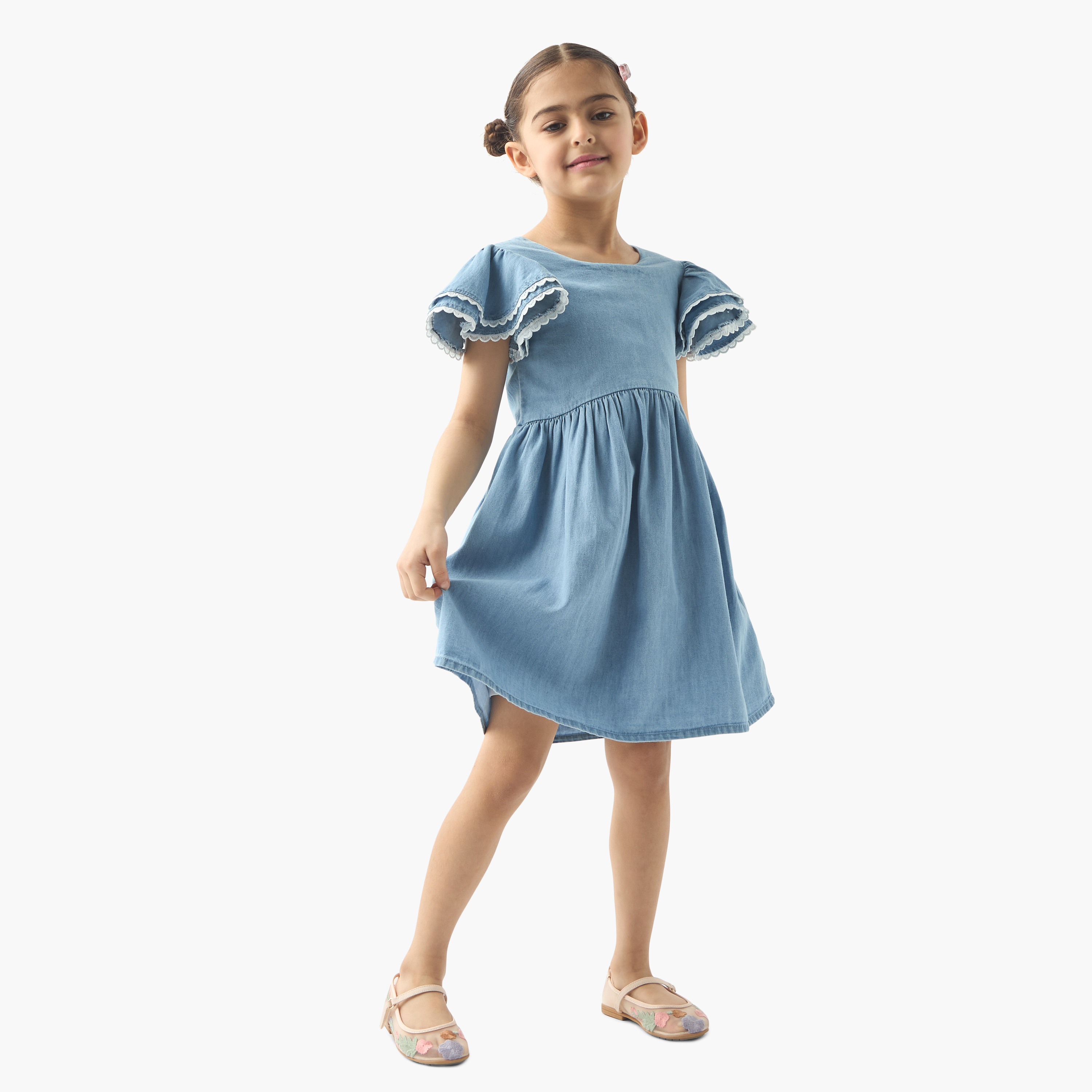 Juniors Solid Dress with Flutter Sleeves and Cutout Detail-girls-clothing-dressesandjumpsuits-image-2