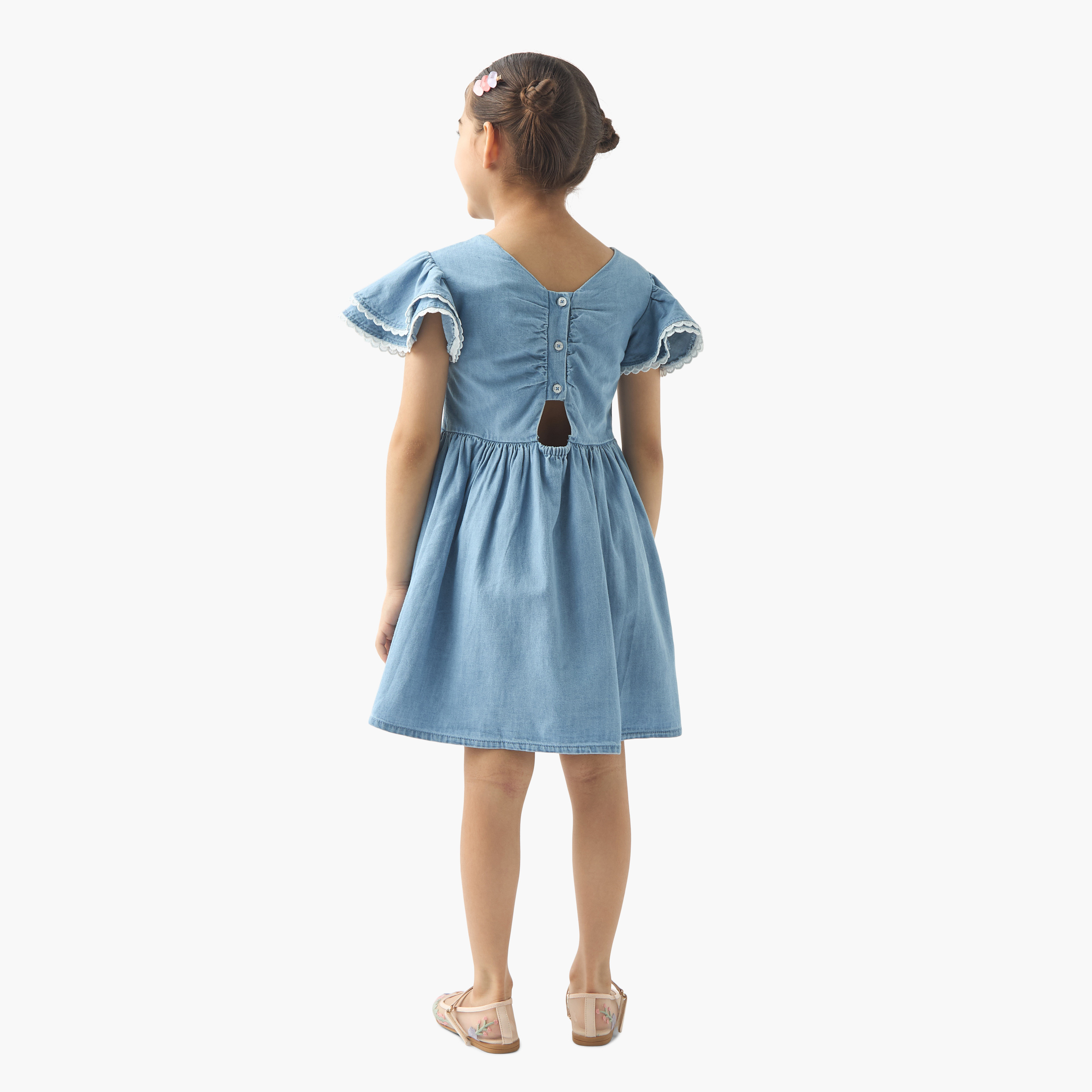 Juniors Solid Dress with Flutter Sleeves and Cutout Detail-girls-clothing-dressesandjumpsuits-image-3