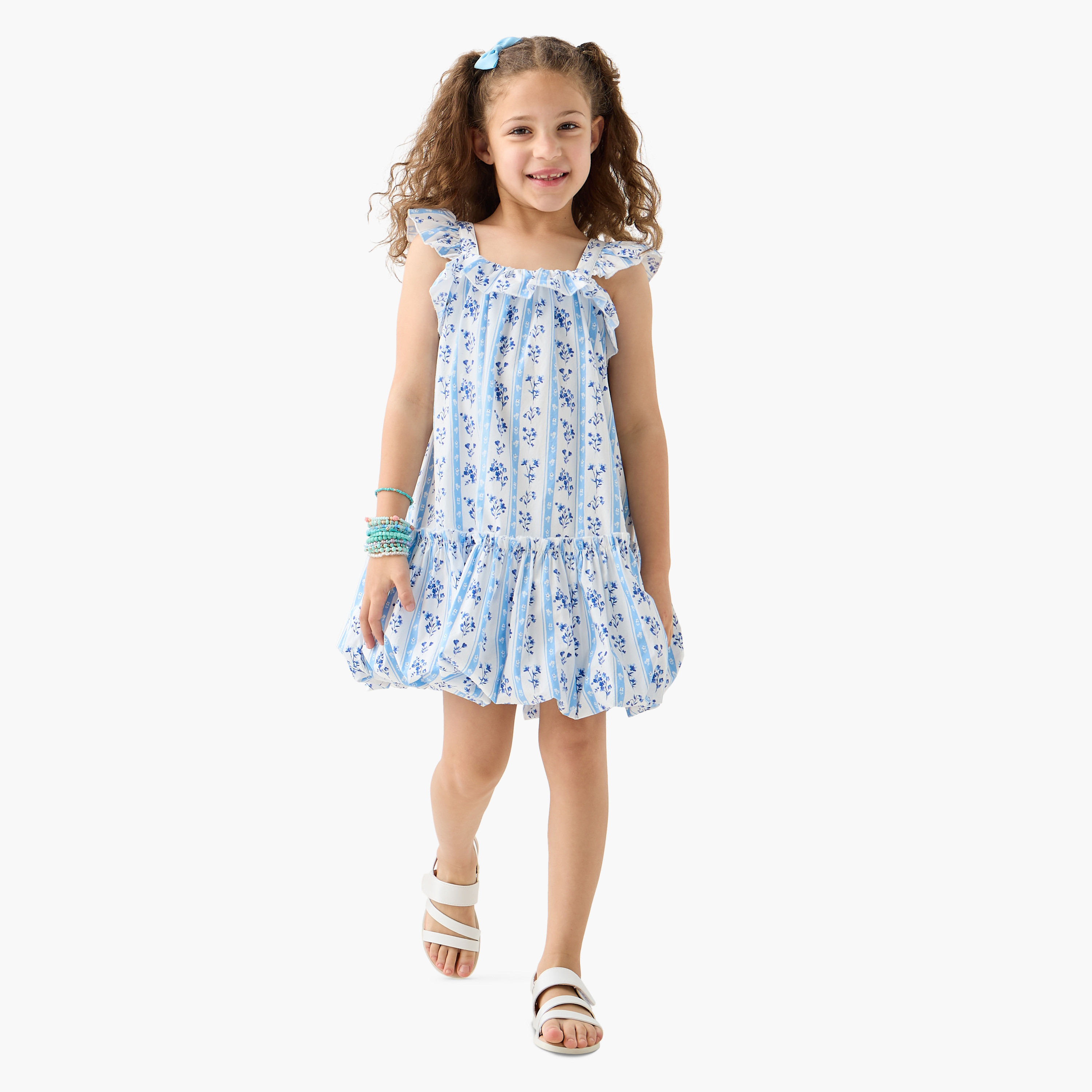 فستان دون كمام بياقة مربعة وكشكش وطبعات زهرية من جونيورز-girls-clothing-dressesandjumpsuits-image-4