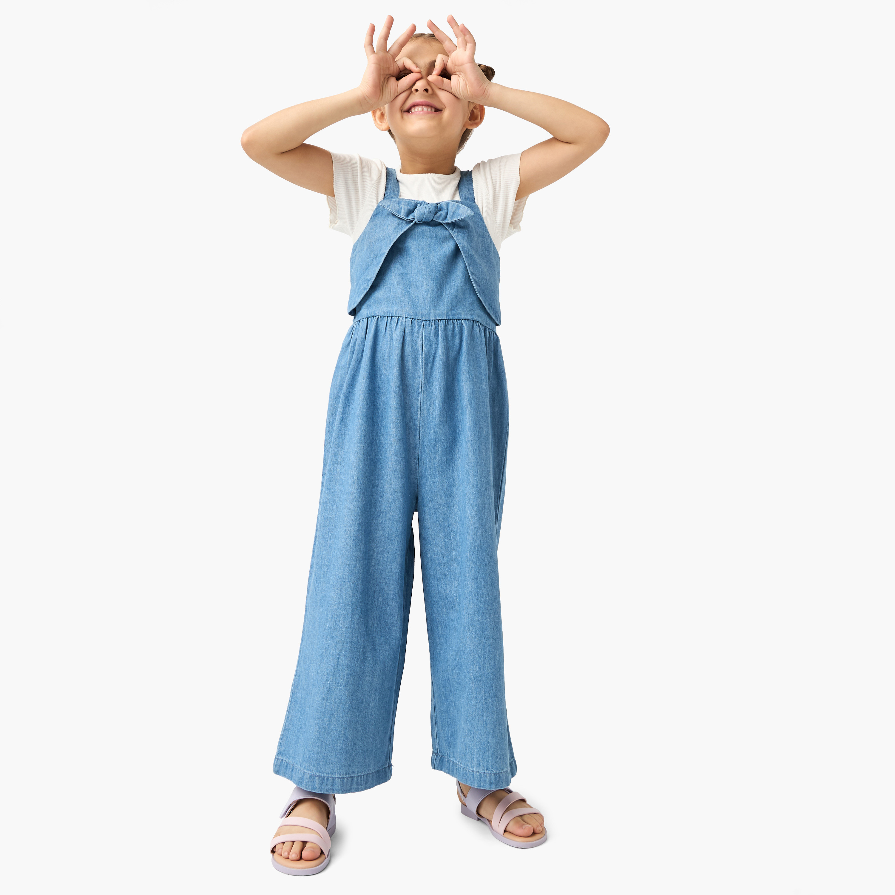 Juniors Solid Dungaree and Ribbed T-shirt Set-baby-girls-clothing-setsandcoords-image-1