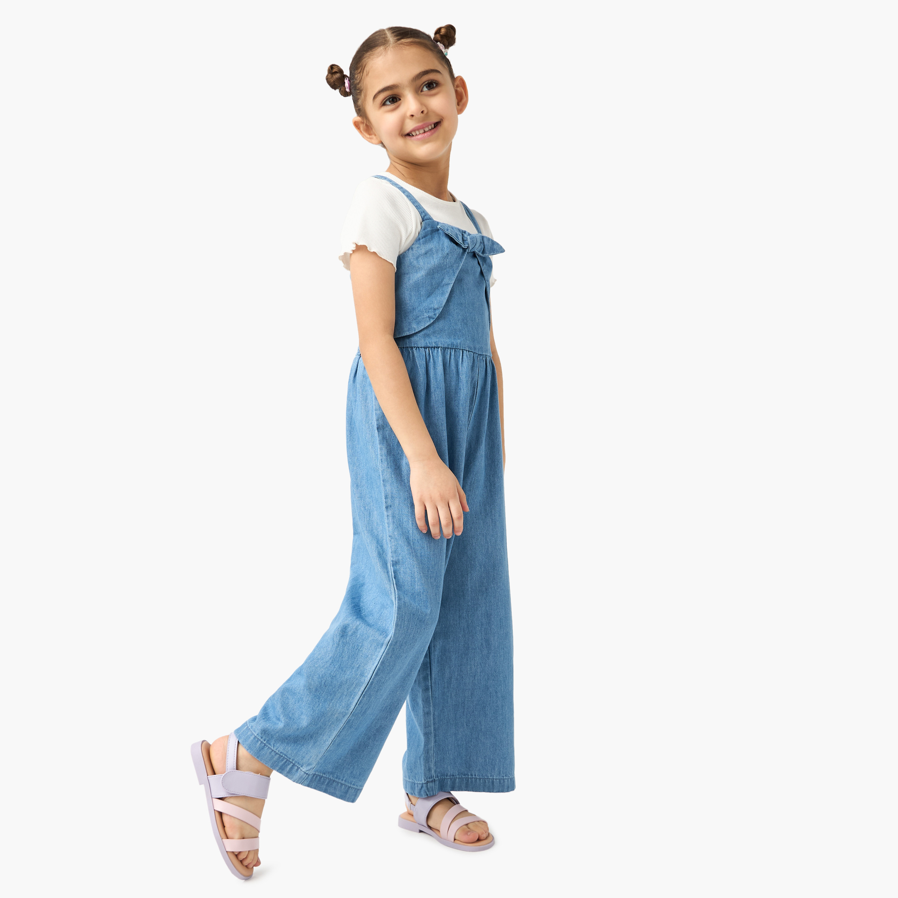 Juniors Solid Dungaree and Ribbed T-shirt Set-baby-girls-clothing-setsandcoords-image-2