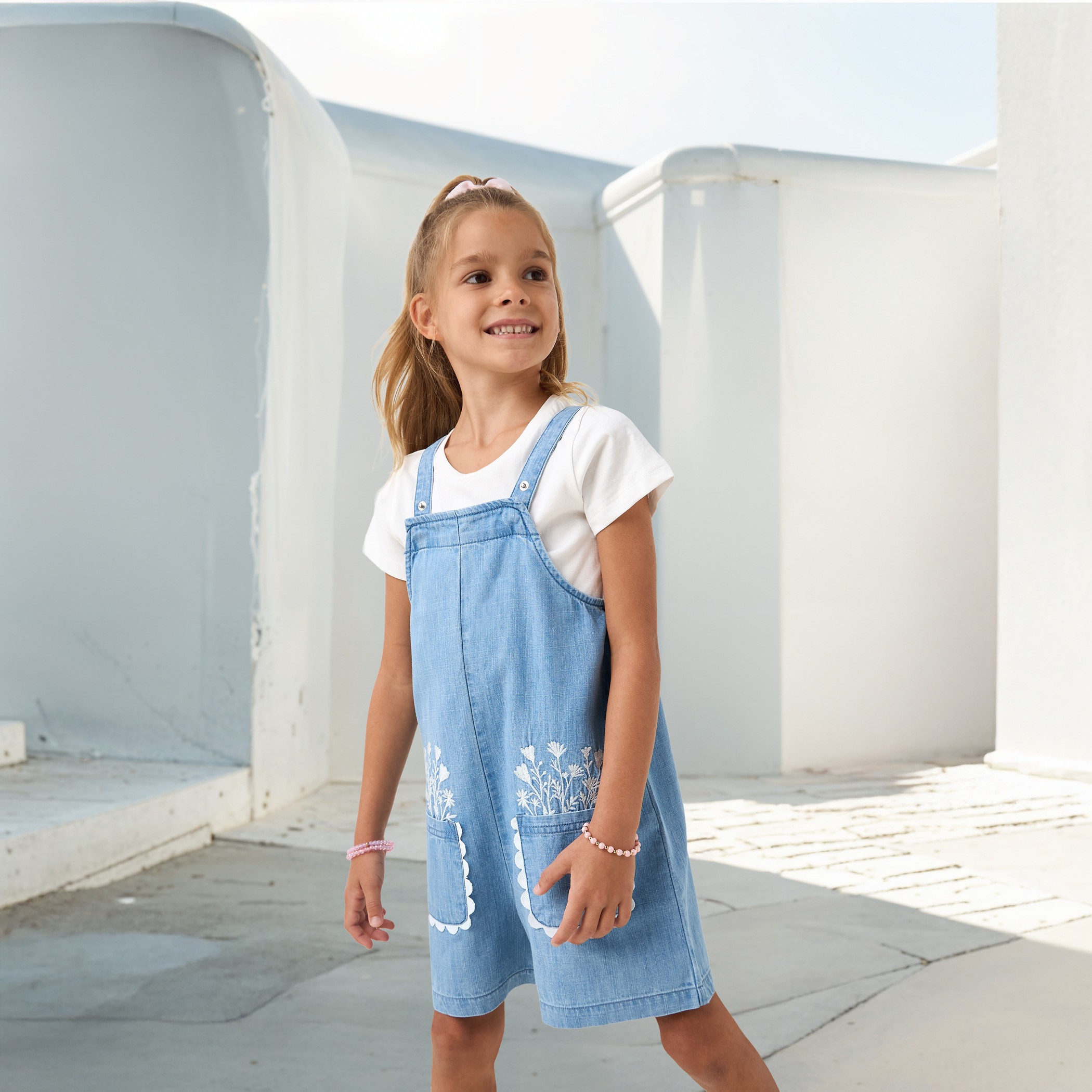 Juniors Embroidered Denim Dungaree and T-shirt Set-girls-clothing-setsandcoords-image-1