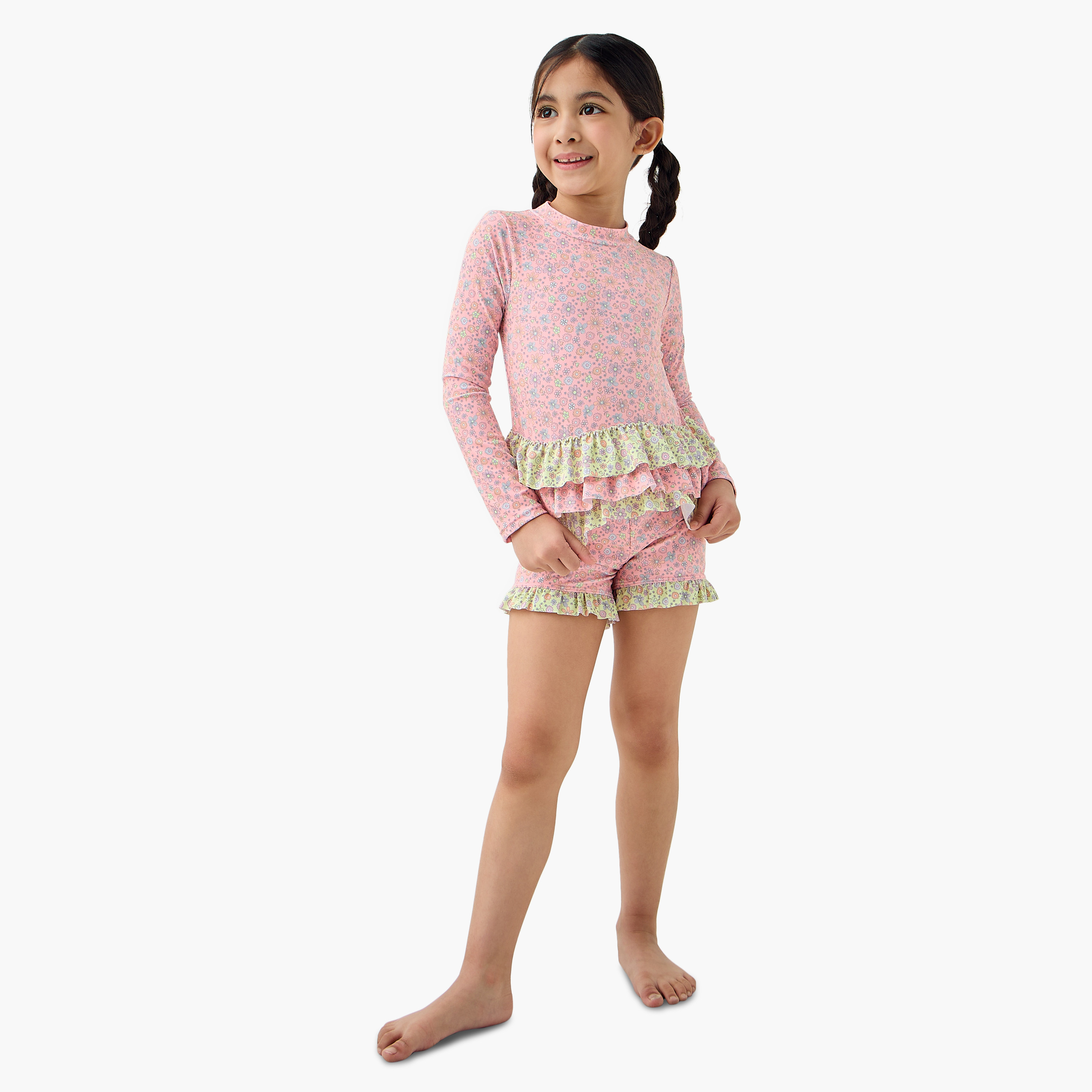 Juniors Floral Print Swim T-shirt and Shorts Set-baby-girls-clothing-swimwear-image-1