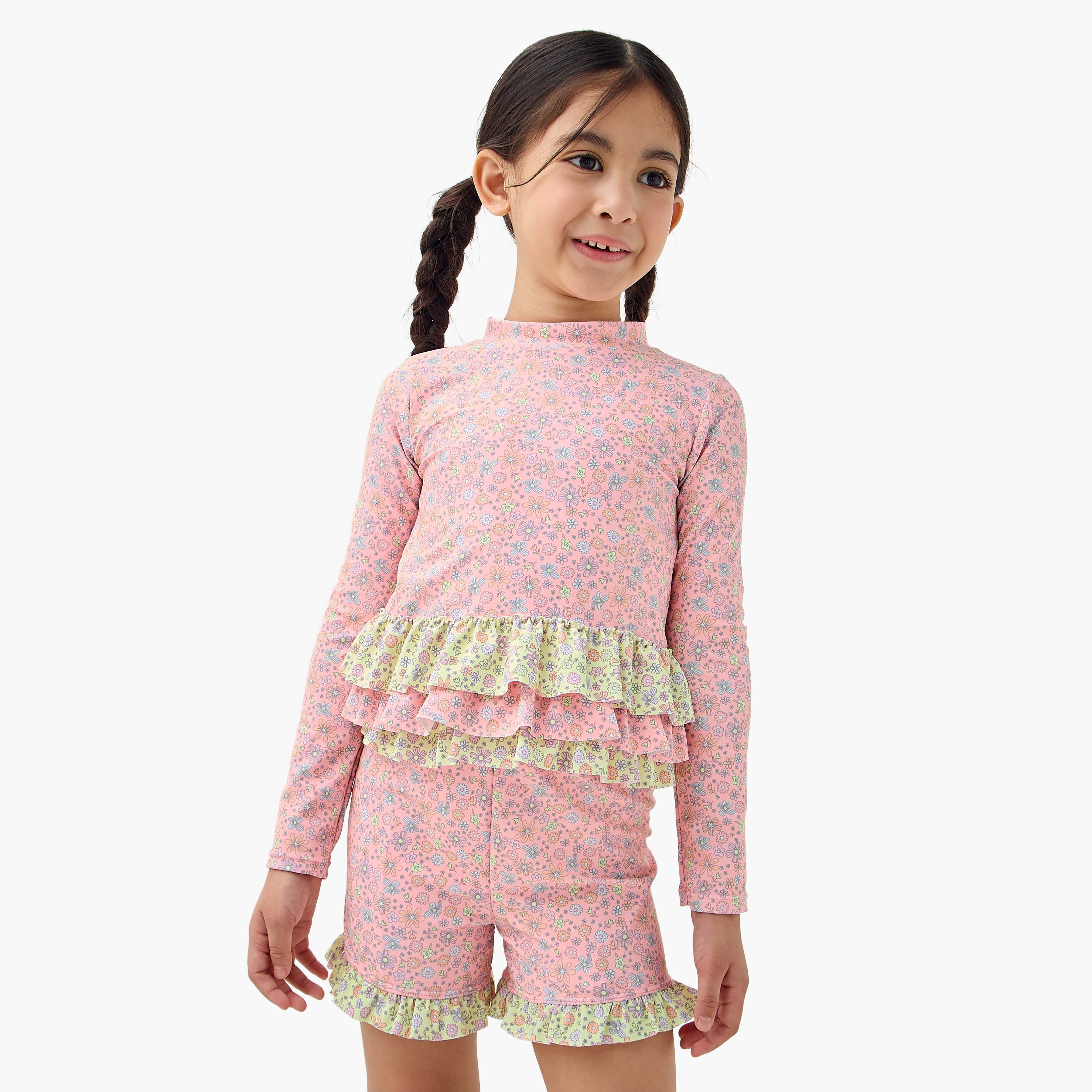 Juniors Floral Print Swim T-shirt and Shorts Set-baby-girls-clothing-swimwear-image-2
