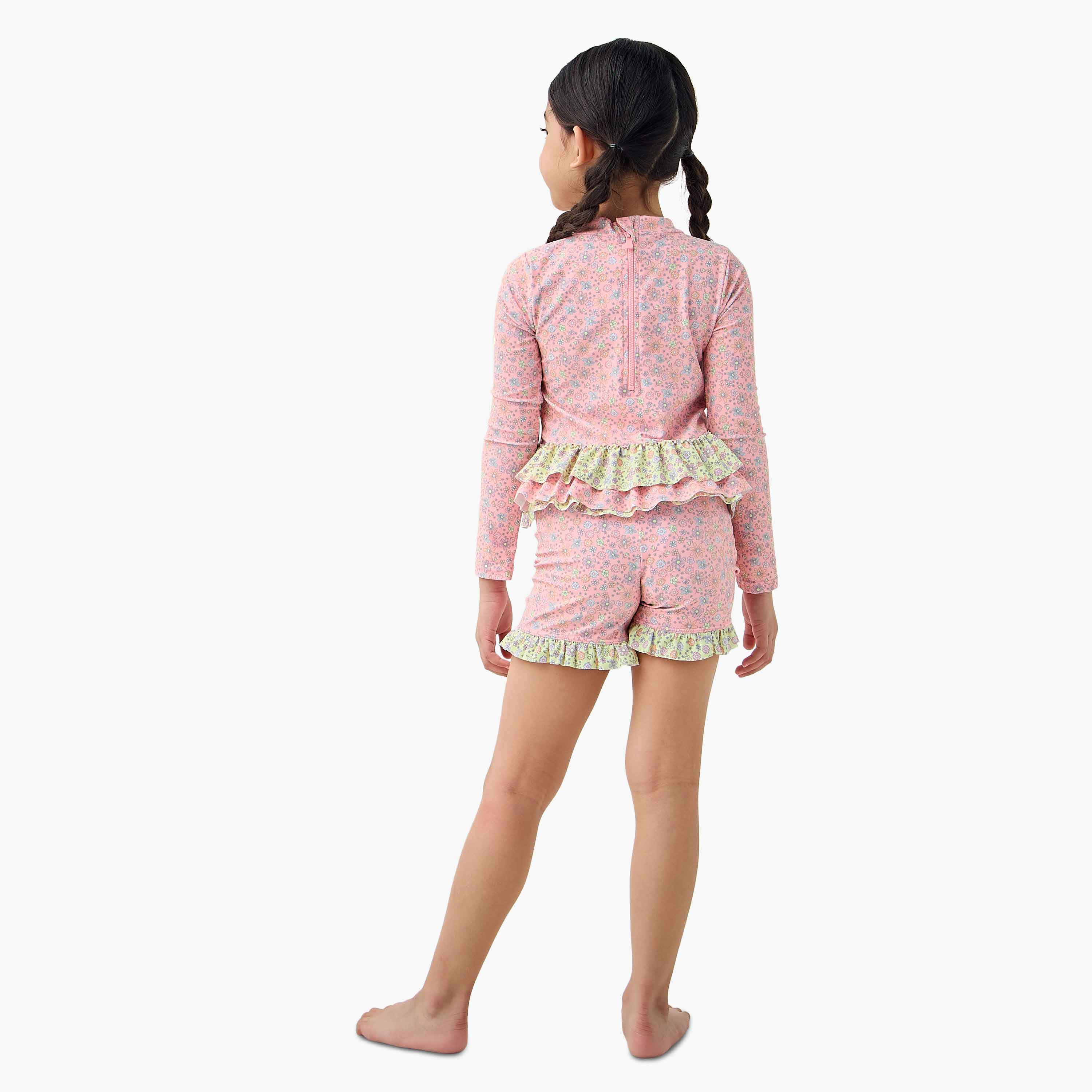 Juniors Floral Print Swim T-shirt and Shorts Set-baby-girls-clothing-swimwear-image-4