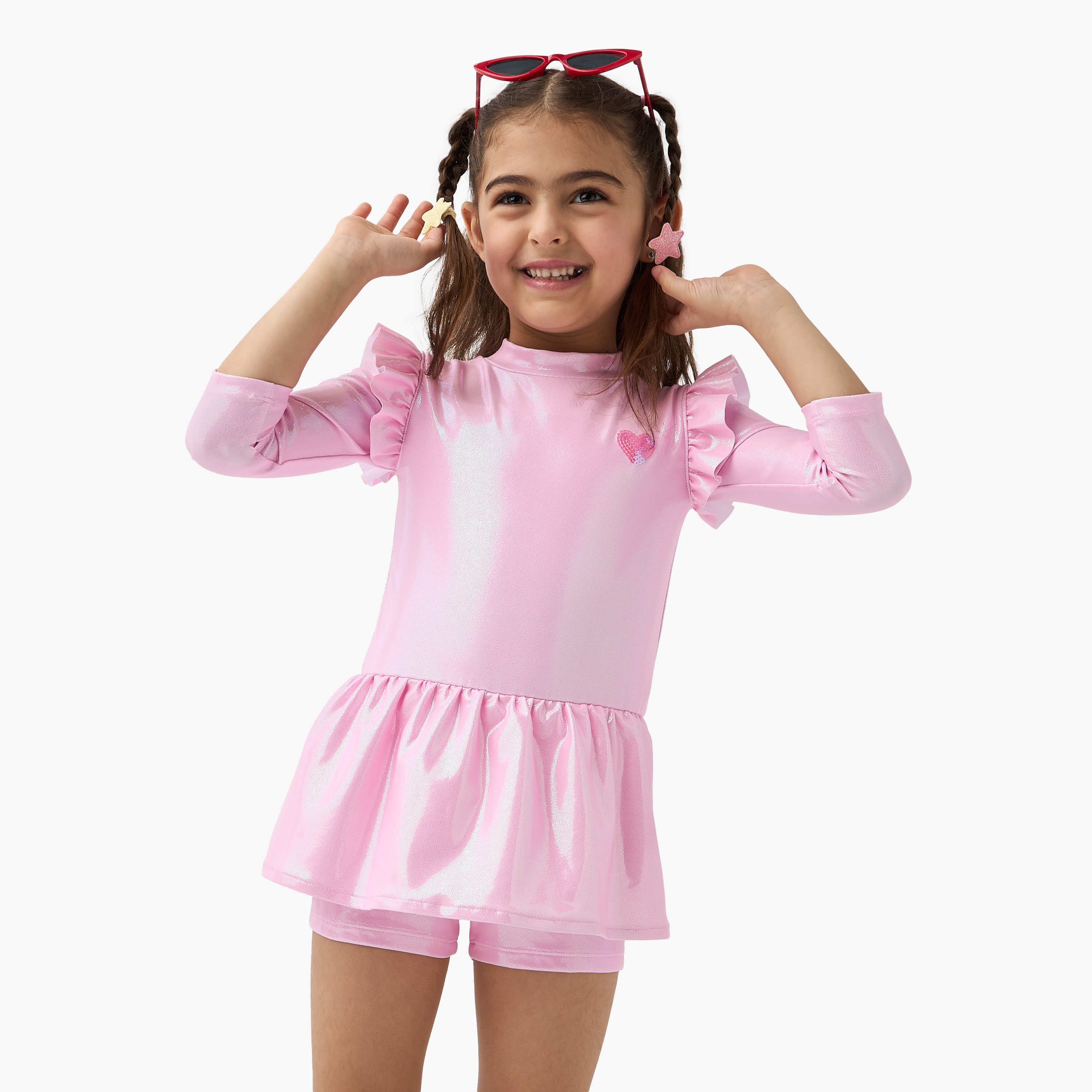 Juniors Heart Sequinned Long Sleeves Swim Top and Shorts Set-girls-clothing-sportswear-swimwear-image-1