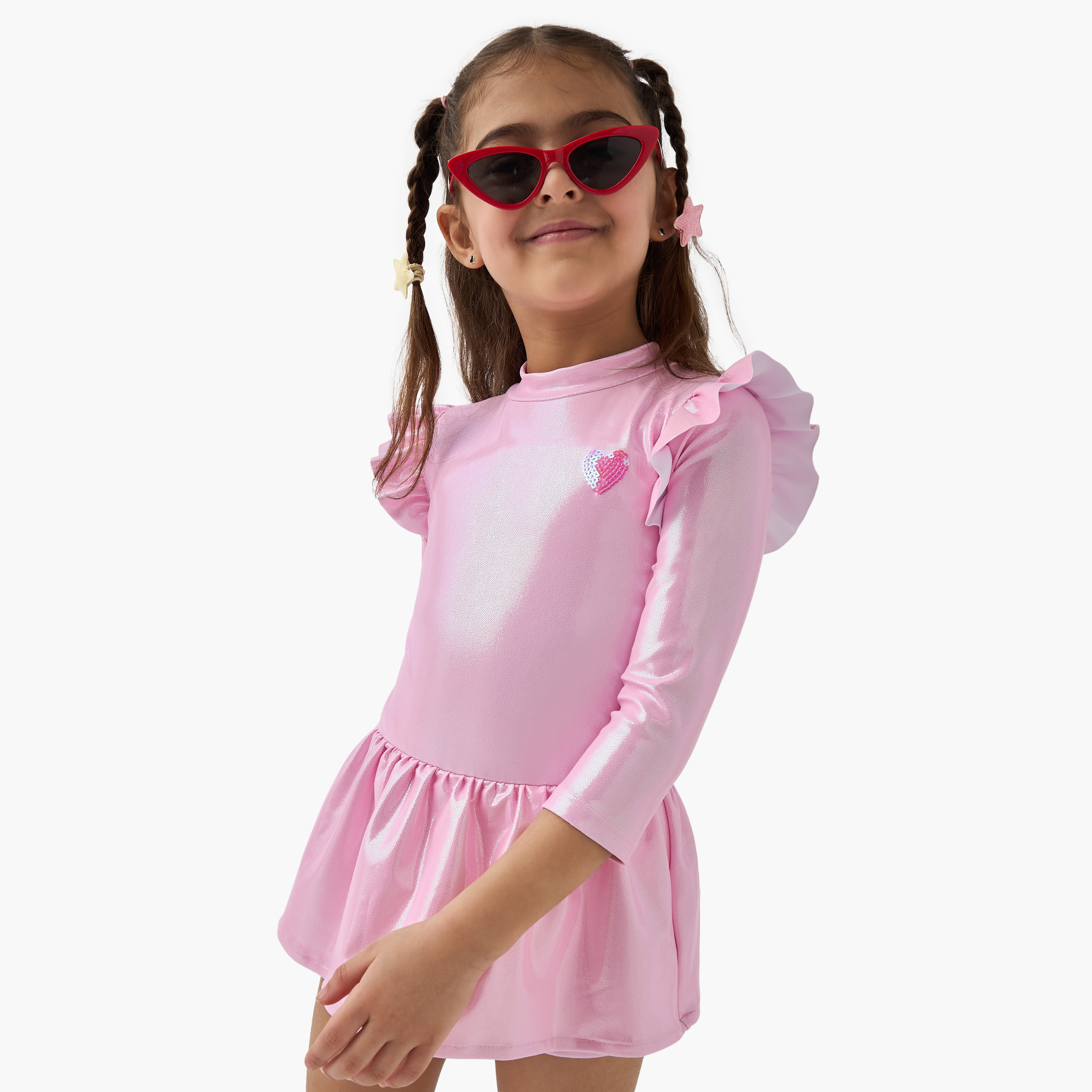 Juniors Heart Sequinned Long Sleeves Swim Top and Shorts Set-girls-clothing-sportswear-swimwear-image-2