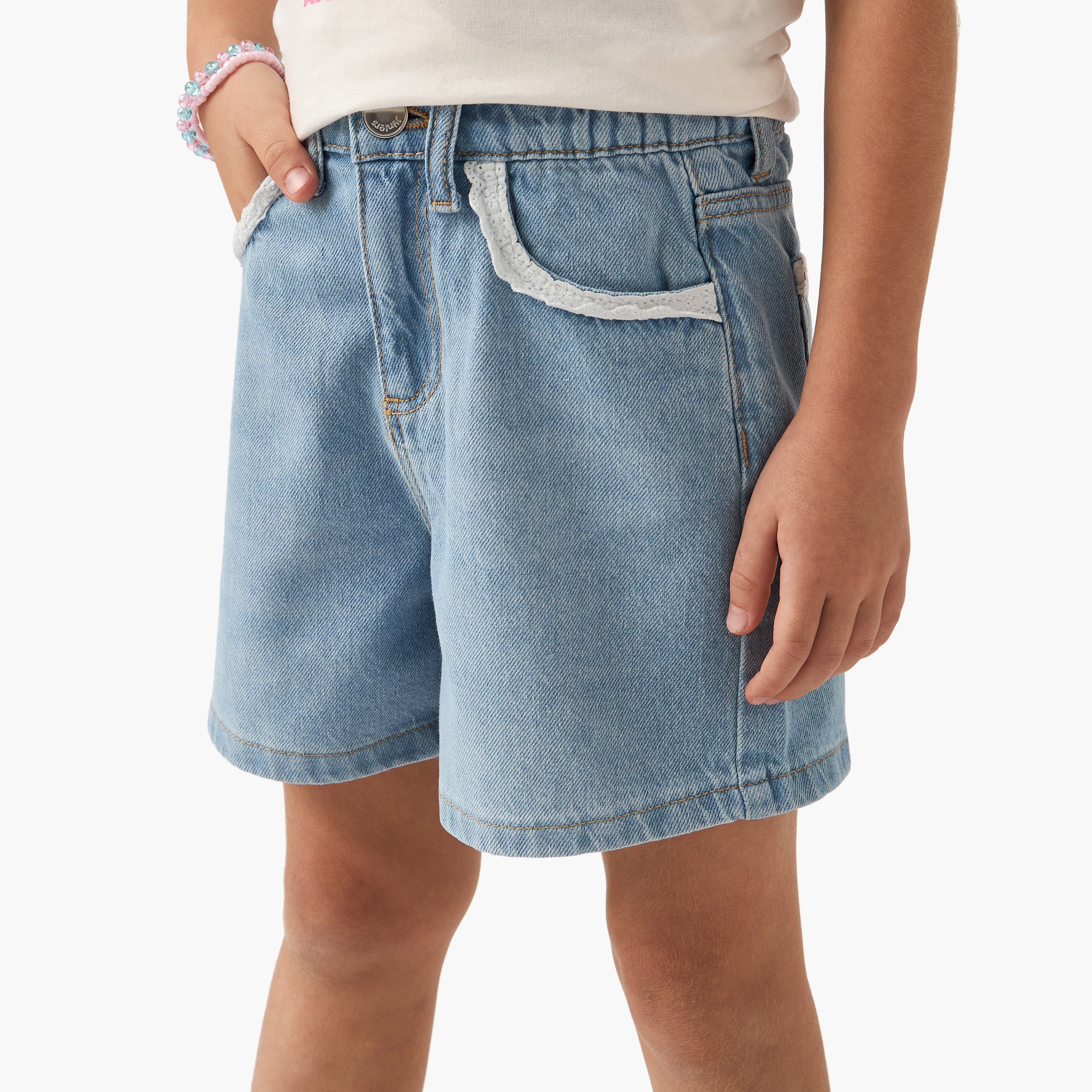 Juniors Solid Denim Shorts with Button Closure and Lace Detail-girls-clothing-bottoms-shorts-image-1