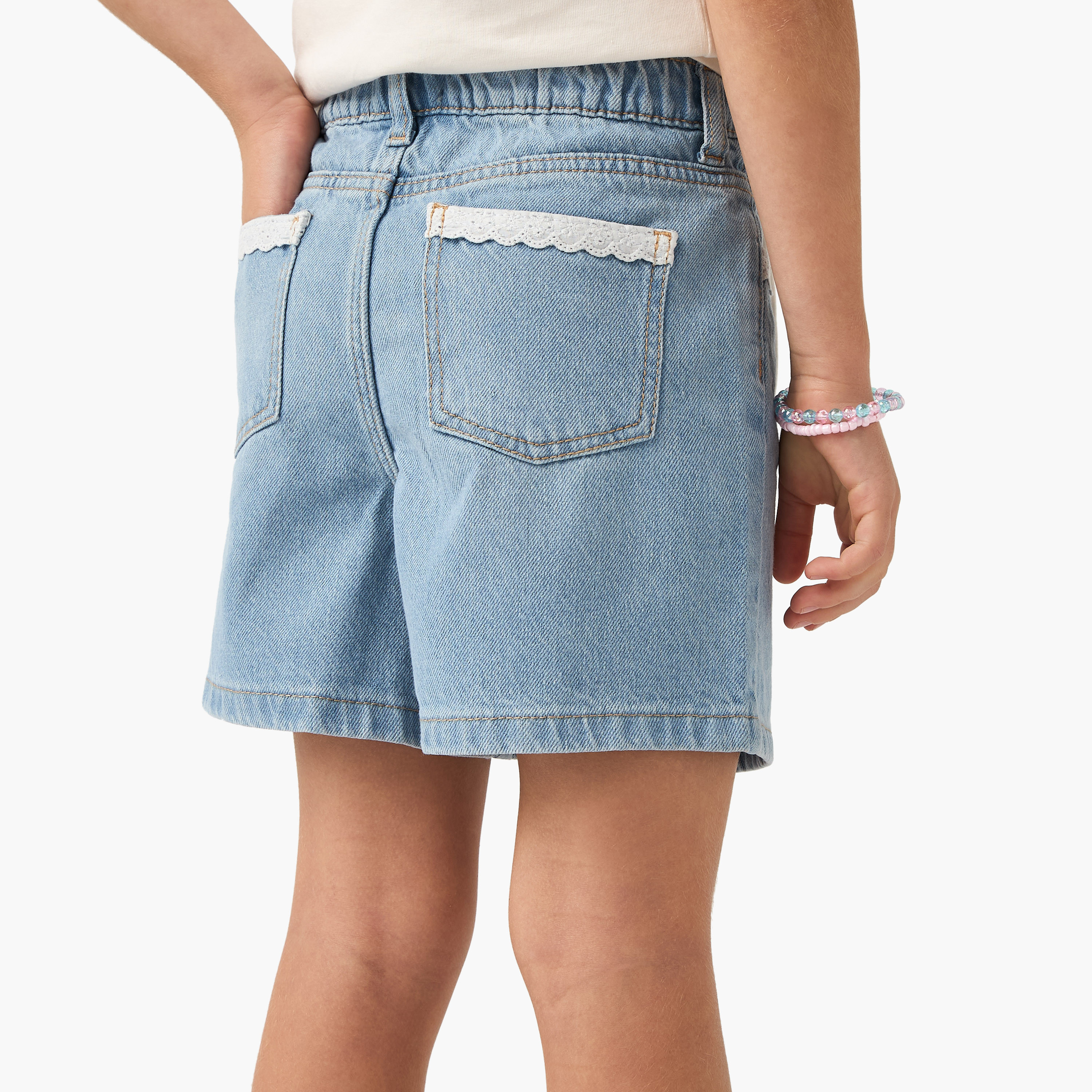 Juniors Solid Denim Shorts with Button Closure and Lace Detail-girls-clothing-bottoms-shorts-image-3