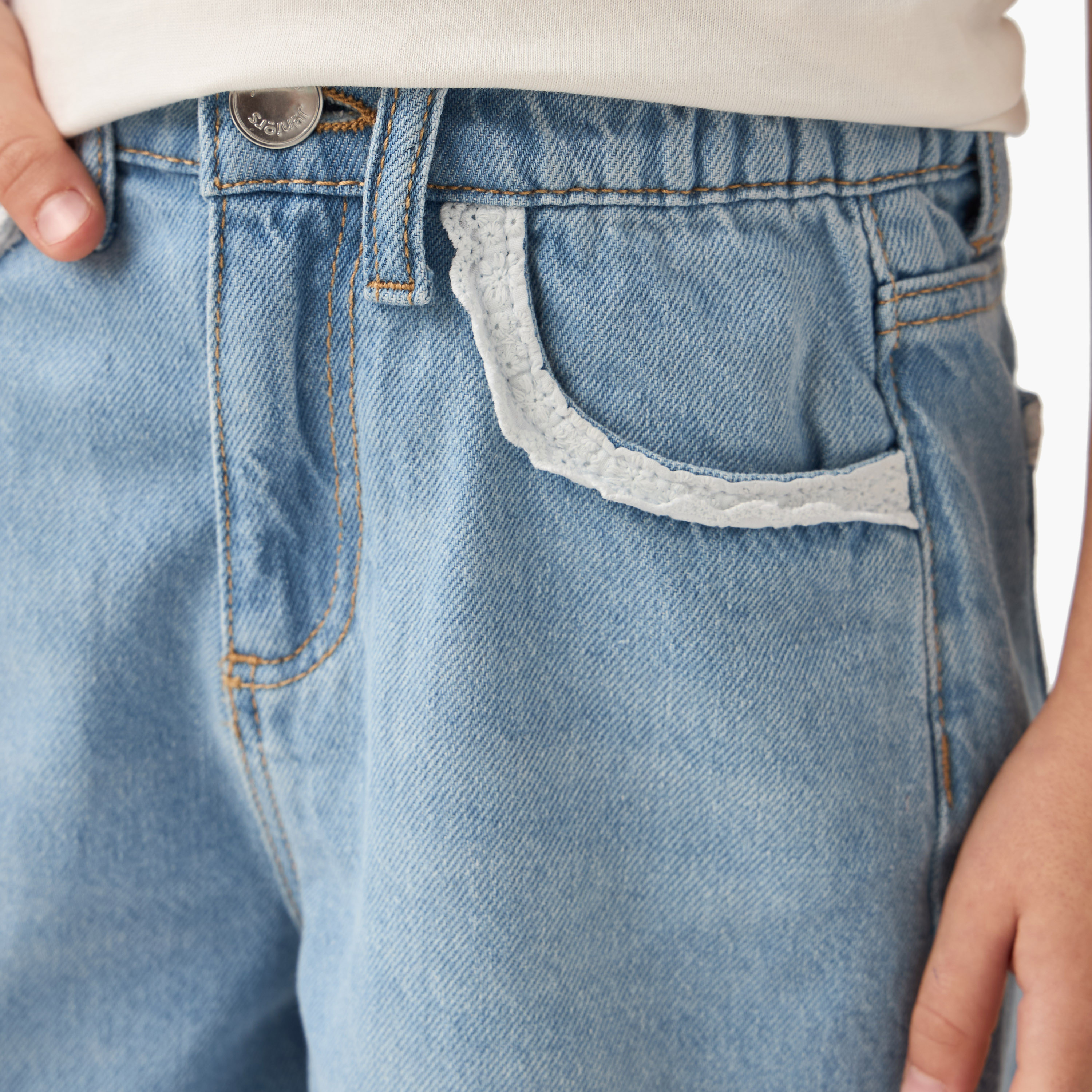 Juniors Solid Denim Shorts with Button Closure and Lace Detail-girls-clothing-bottoms-shorts-image-4