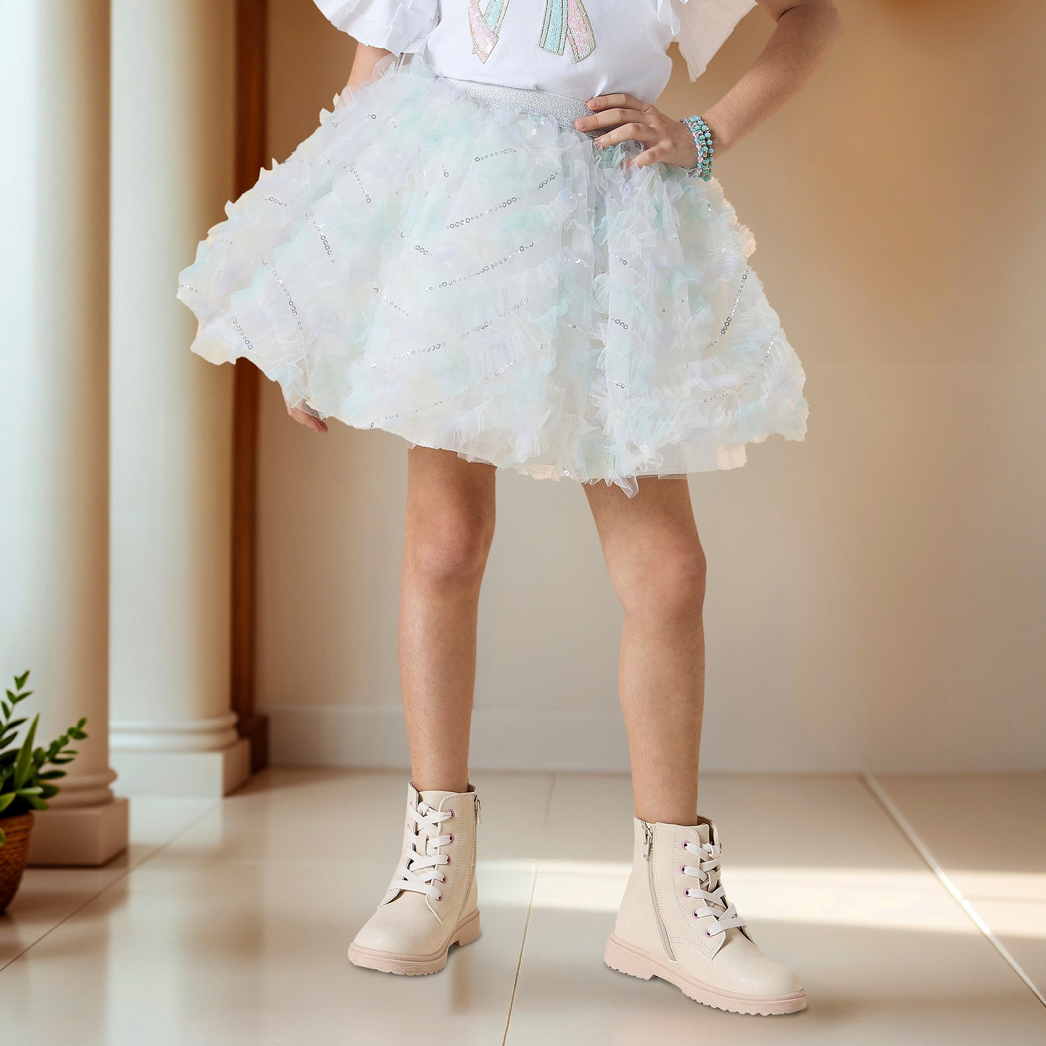 Juniors Sequinned Skirt with Ruffles and Elasticated Waistband-girls-clothing-bottoms-skirts-image-1