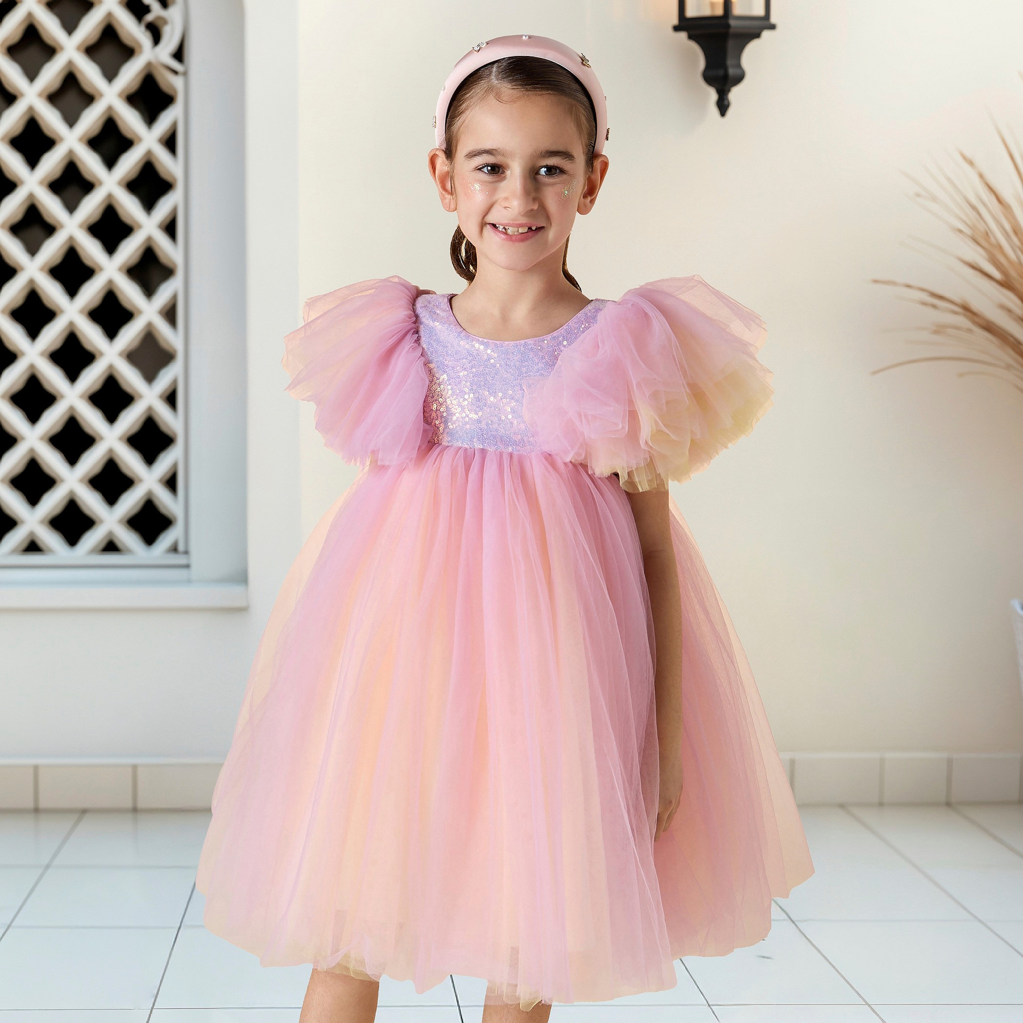 Juniors Sequin Embellished Dress with Round Neck and Short Sleeves-girls-clothing-dressesandjumpsuits-image-1
