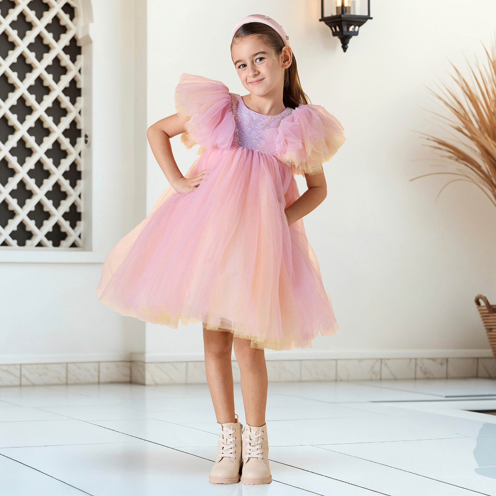 Juniors Sequin Embellished Dress with Round Neck and Short Sleeves-girls-clothing-dressesandjumpsuits-image-2