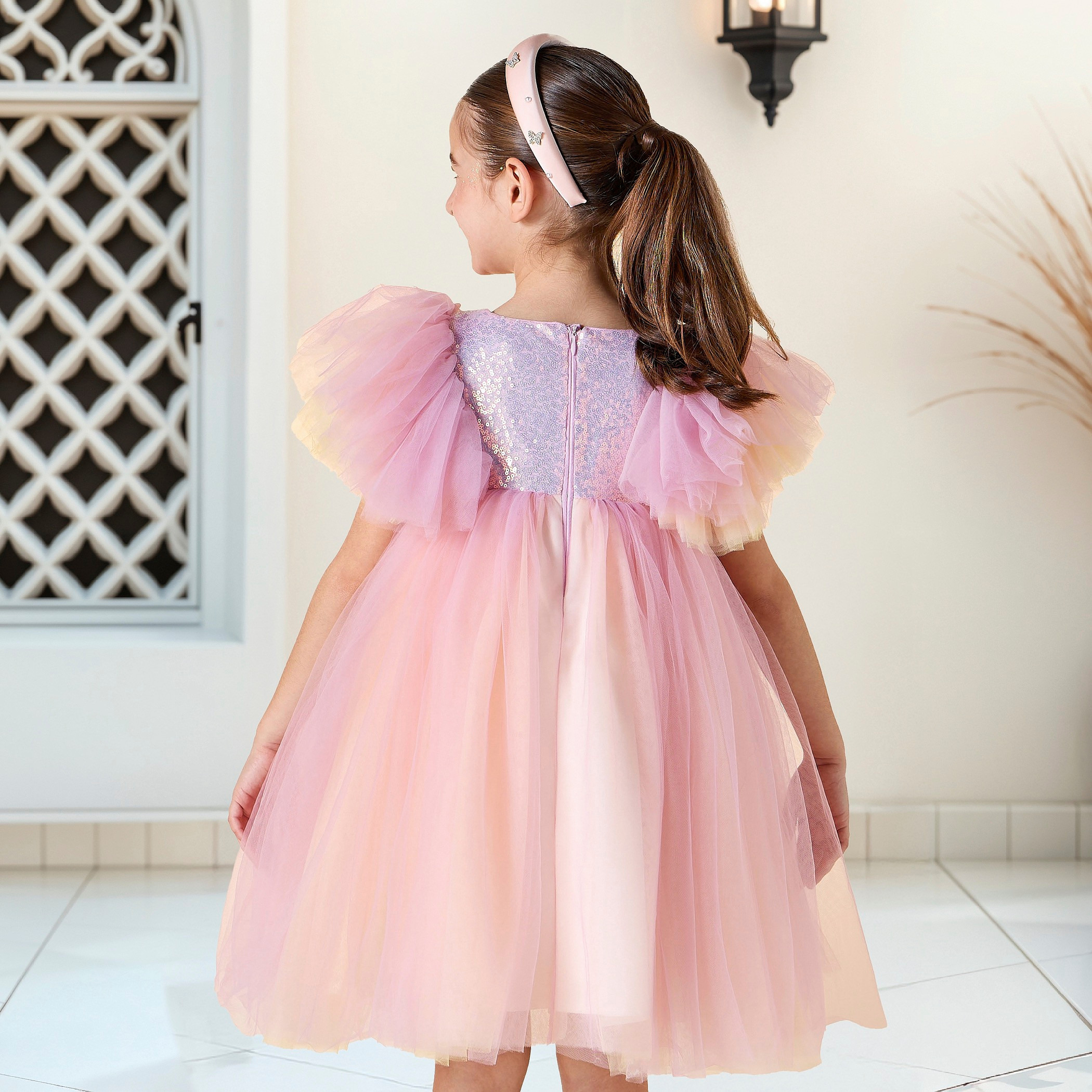 Juniors Sequin Embellished Dress with Round Neck and Short Sleeves-girls-clothing-dressesandjumpsuits-image-3