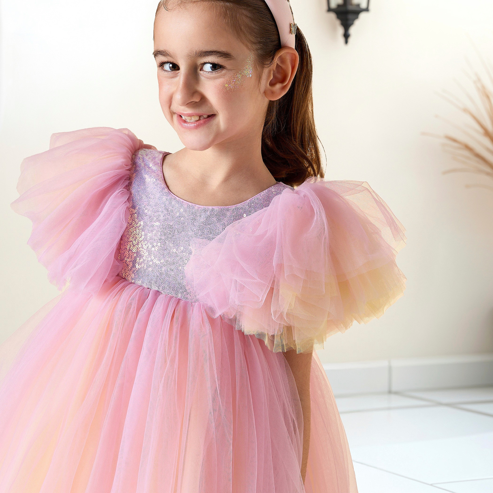 Juniors Sequin Embellished Dress with Round Neck and Short Sleeves-girls-clothing-dressesandjumpsuits-image-4