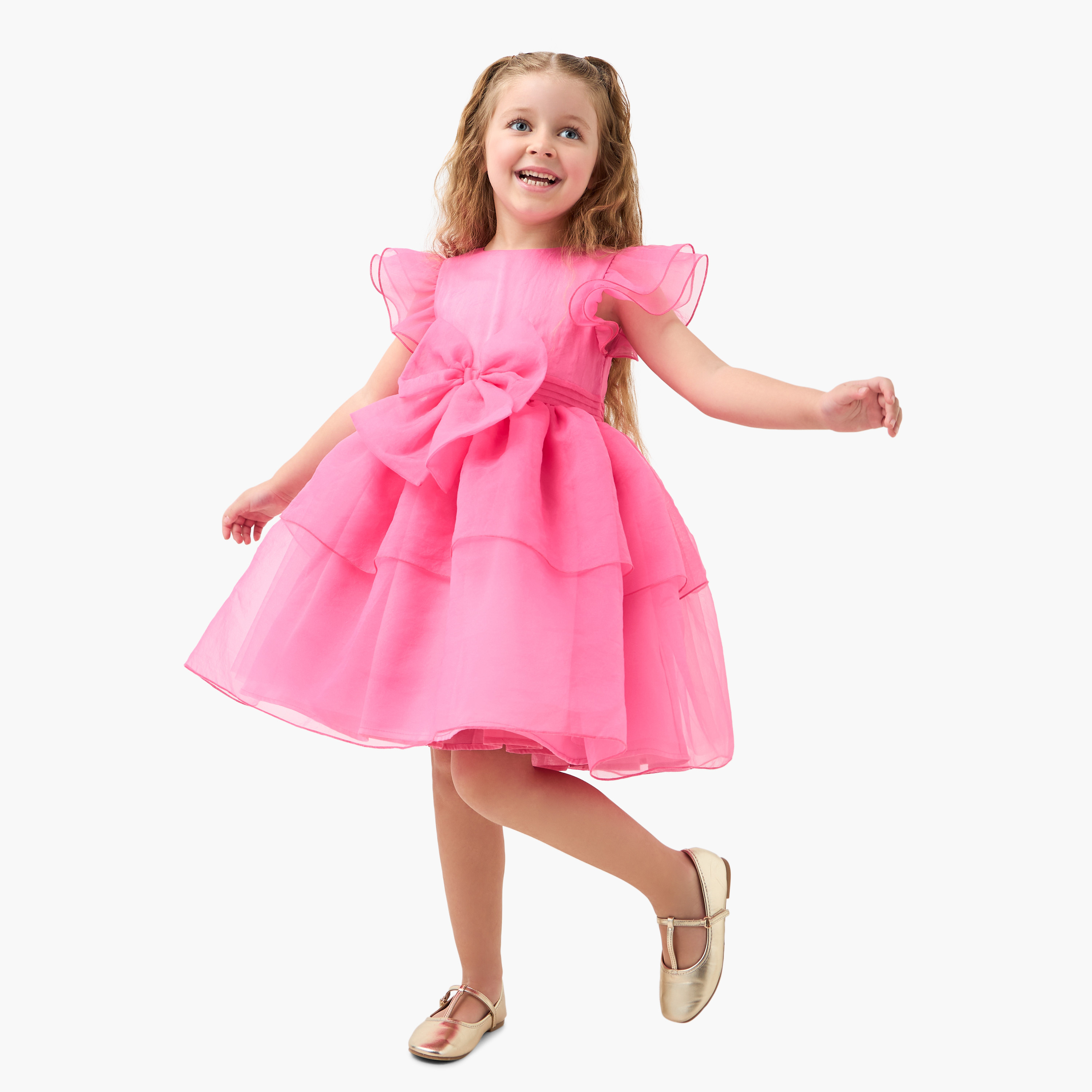 Juniors Bow Detail Tiered Dress with Round Neck and Short Layered Sleeves-girls-clothing-dressesandjumpsuits-image-1