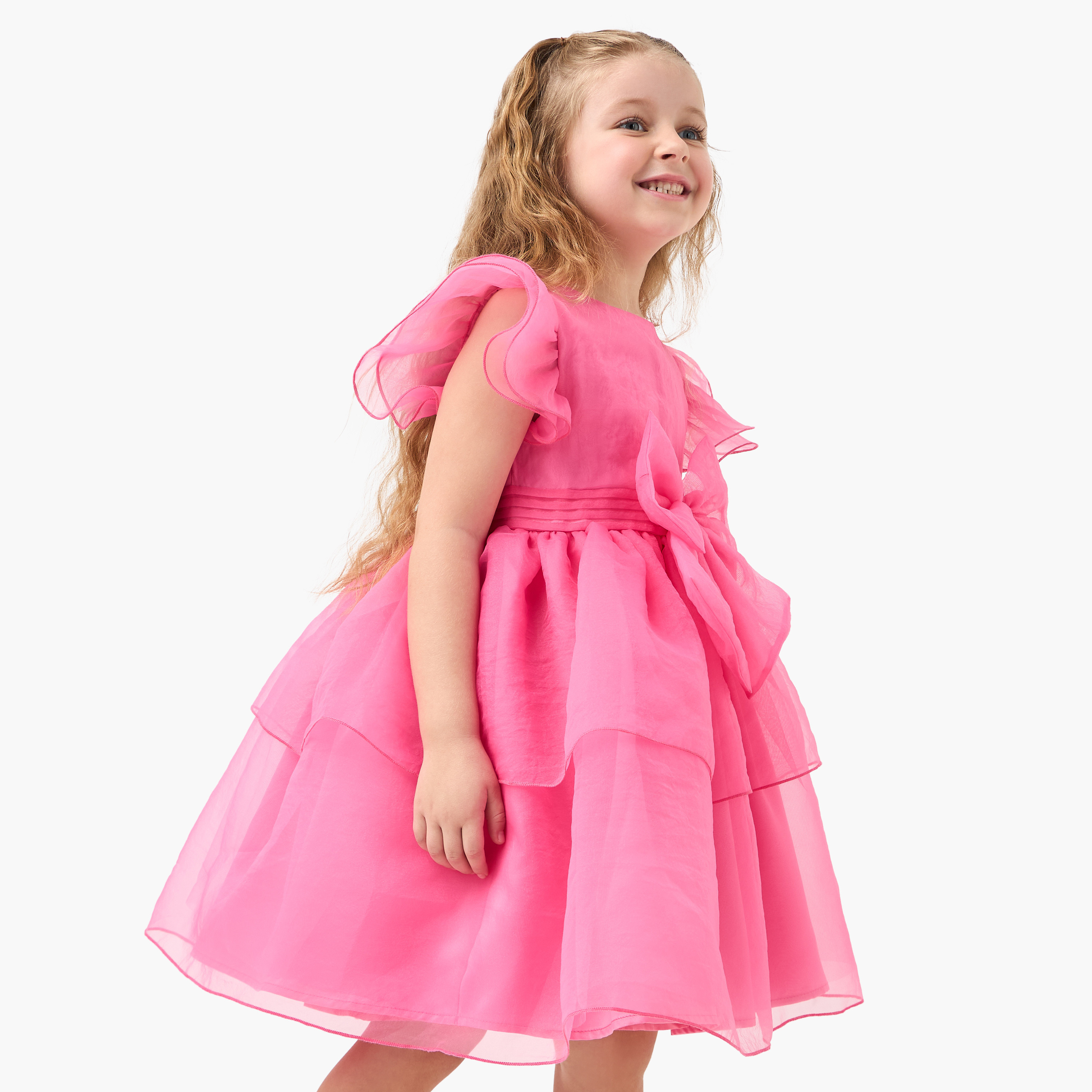 Juniors Bow Detail Tiered Dress with Round Neck and Short Layered Sleeves-girls-clothing-dressesandjumpsuits-image-2