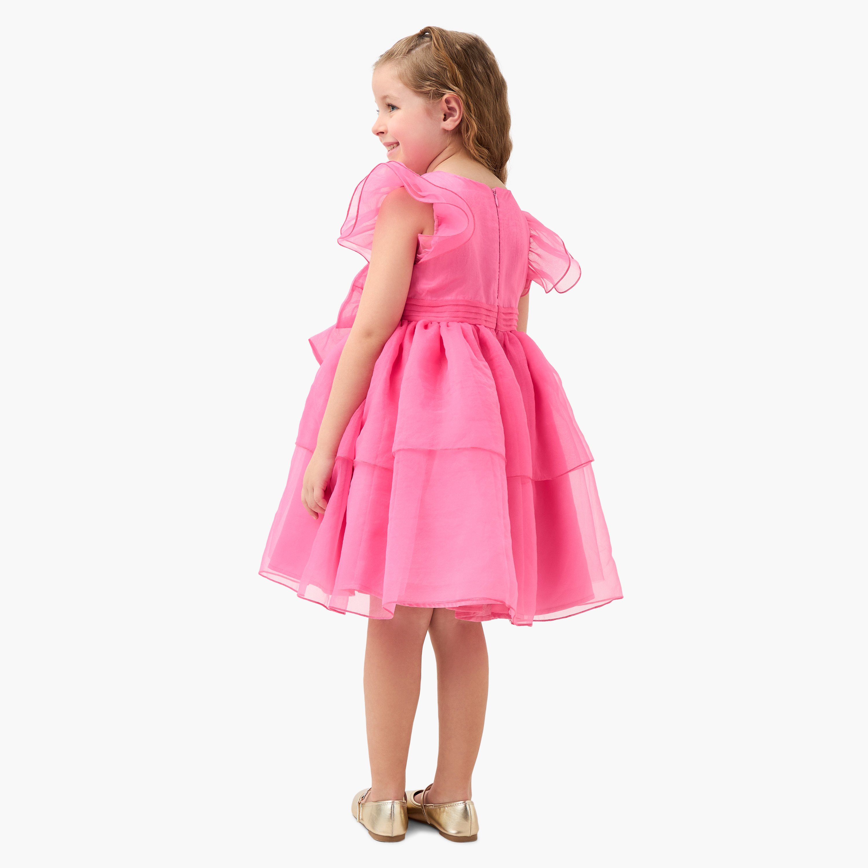 Juniors Bow Detail Tiered Dress with Round Neck and Short Layered Sleeves-girls-clothing-dressesandjumpsuits-image-3