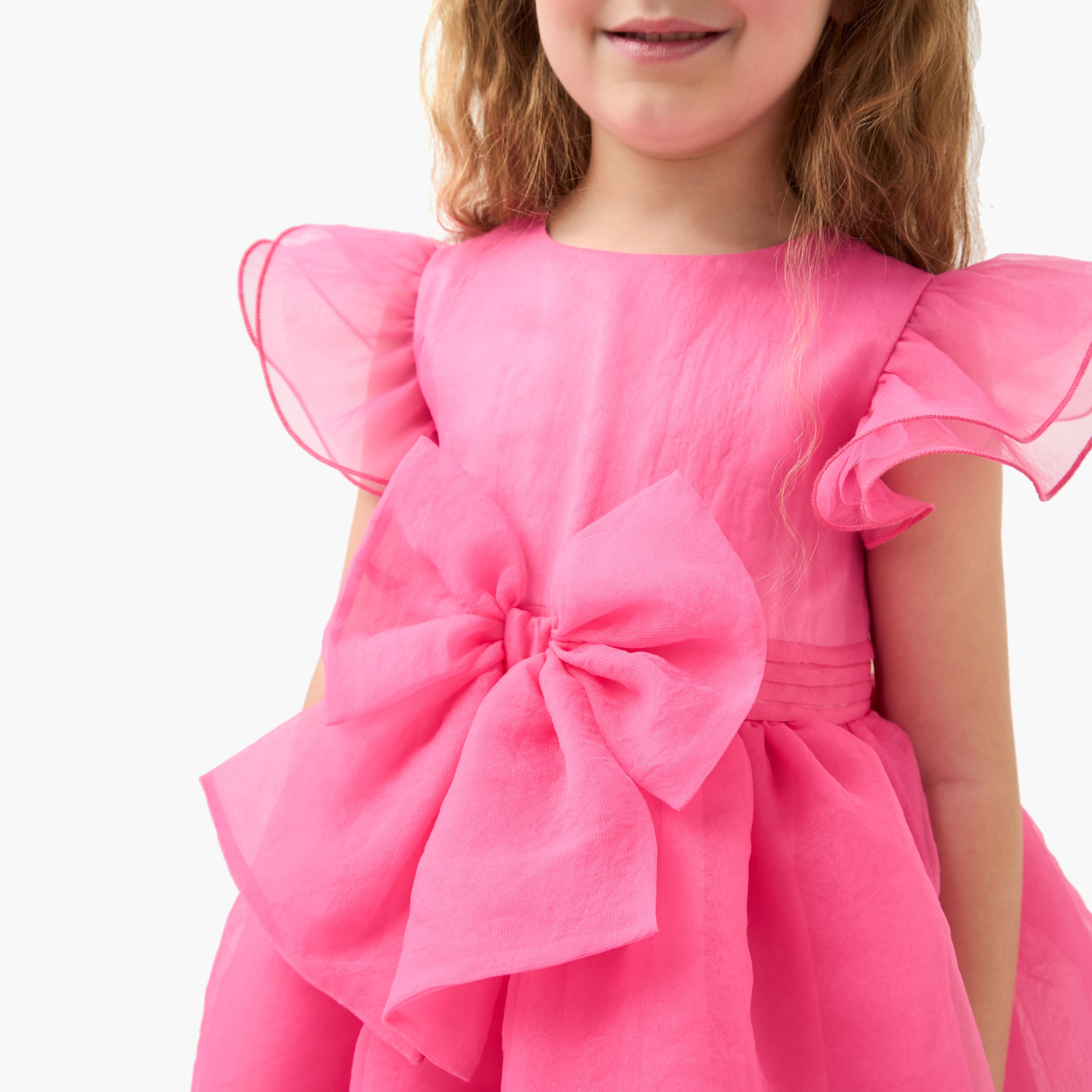 Juniors Bow Detail Tiered Dress with Round Neck and Short Layered Sleeves-girls-clothing-dressesandjumpsuits-image-4