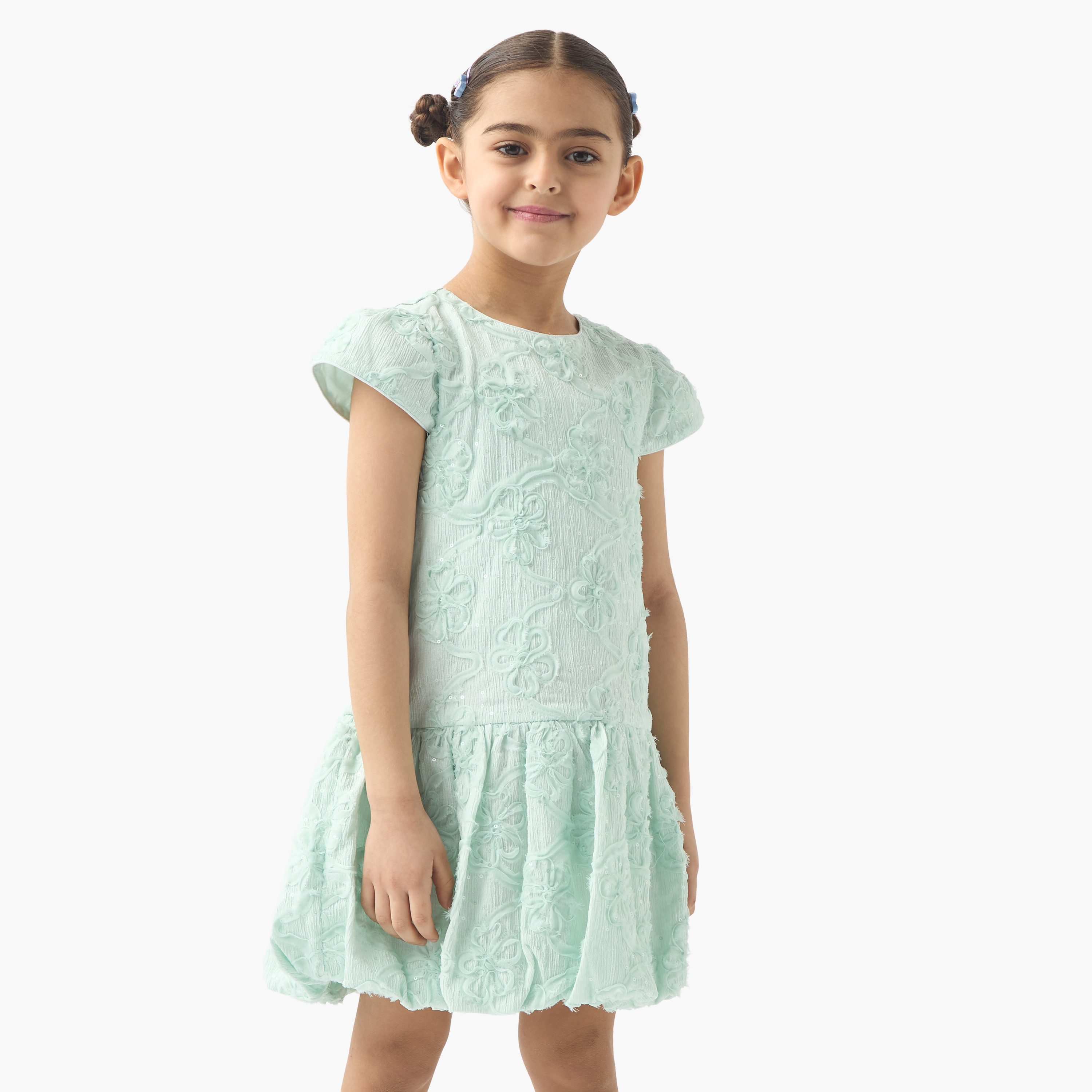 Juniors All-Over Floral Detail Drop Waist Balloon Dress with Cap Sleeves-girls-clothing-dressesandjumpsuits-image-1