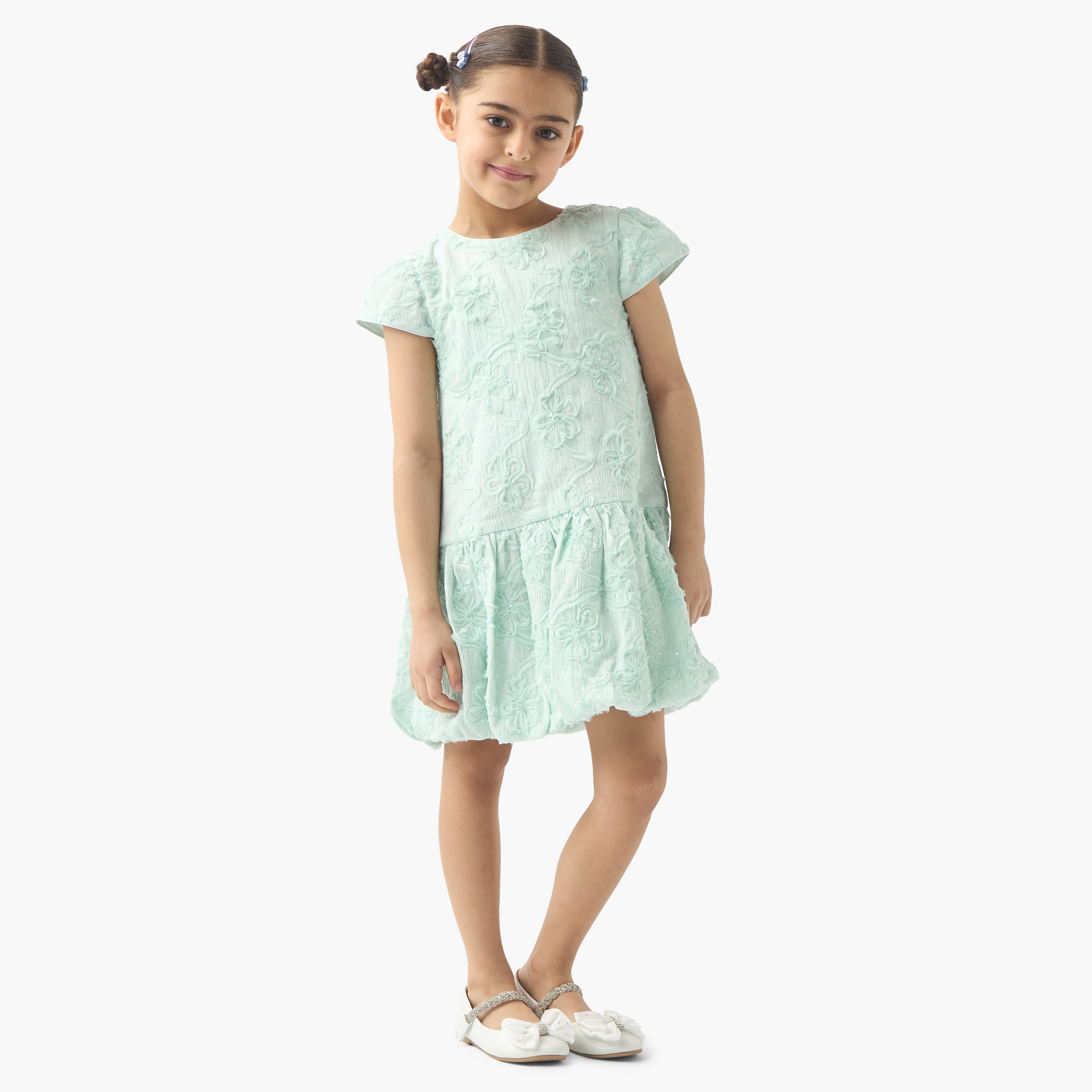 Juniors All-Over Floral Detail Drop Waist Balloon Dress with Cap Sleeves-girls-clothing-dressesandjumpsuits-image-2