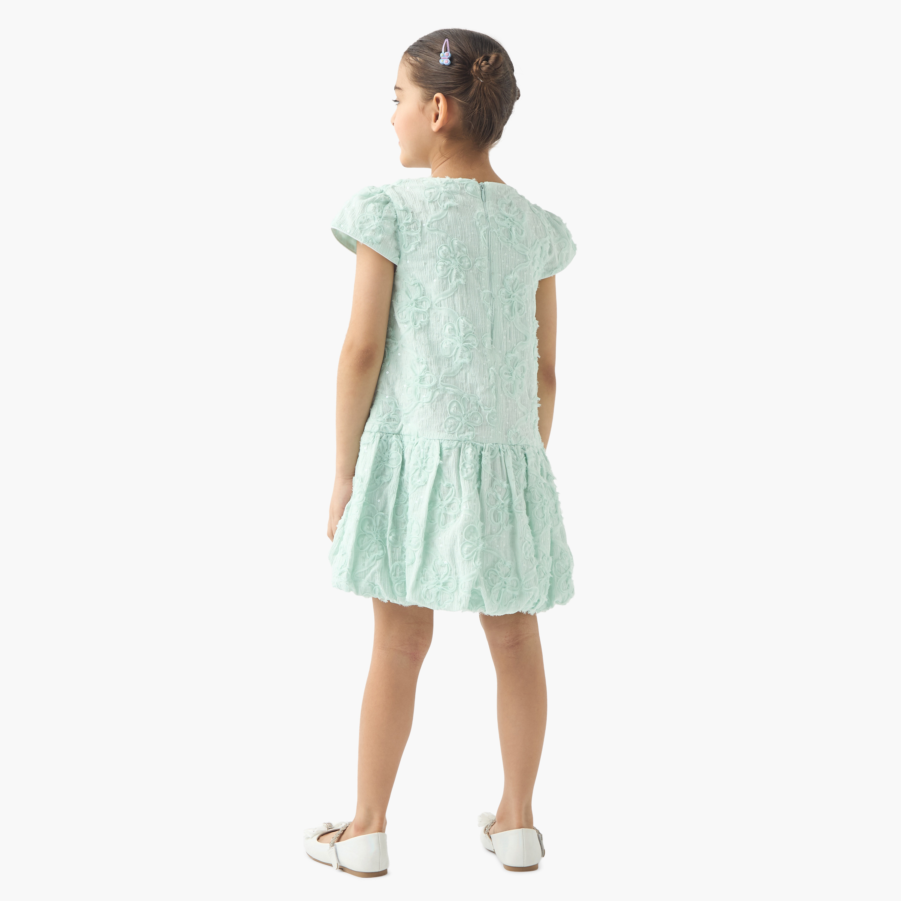 Juniors All-Over Floral Detail Drop Waist Balloon Dress with Cap Sleeves-girls-clothing-dressesandjumpsuits-image-3