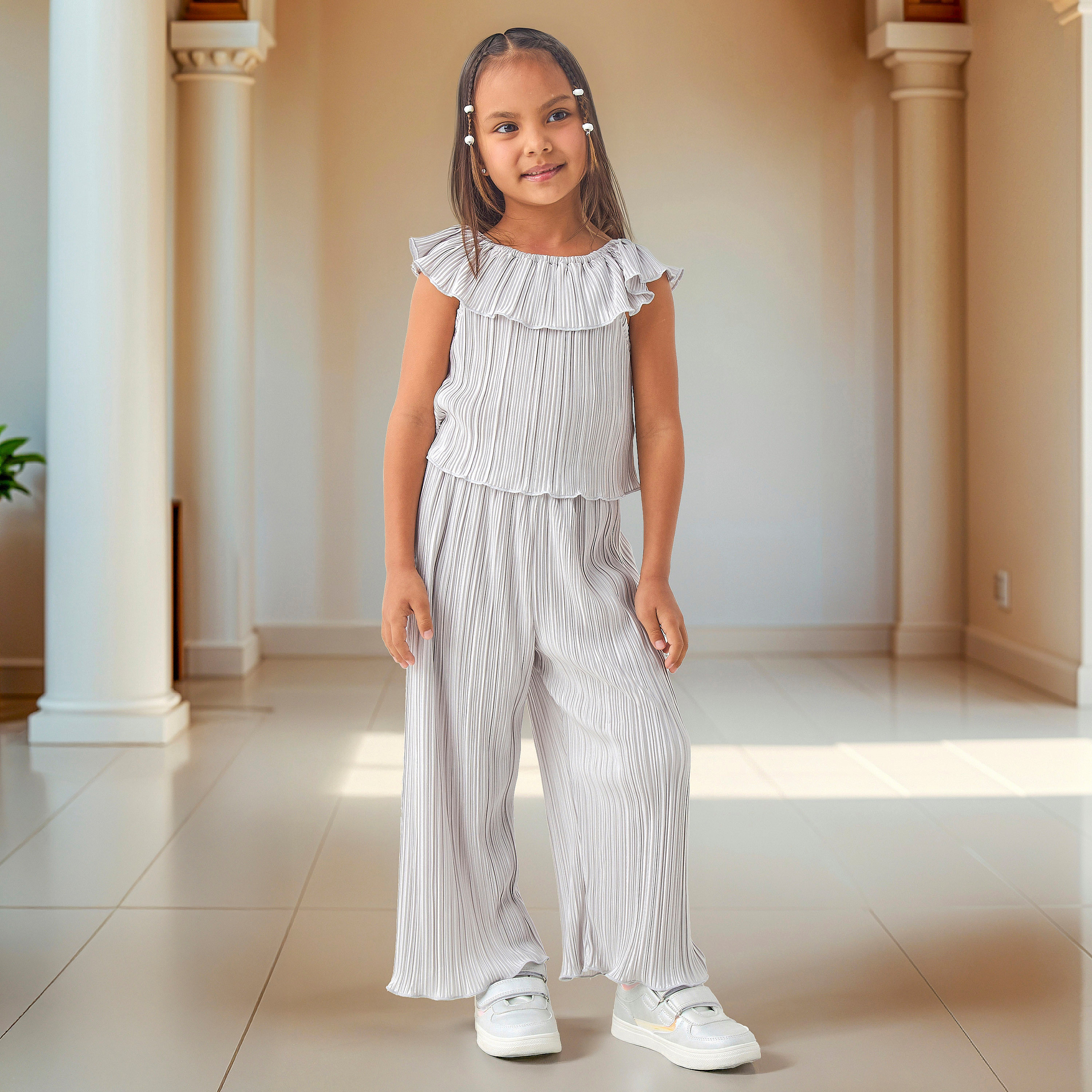 طقم توب بارز الملمس بأكمام كاب وبنطلون واسع الساقين للفتيات-baby-girls-clothing-setsandcoords-image-1