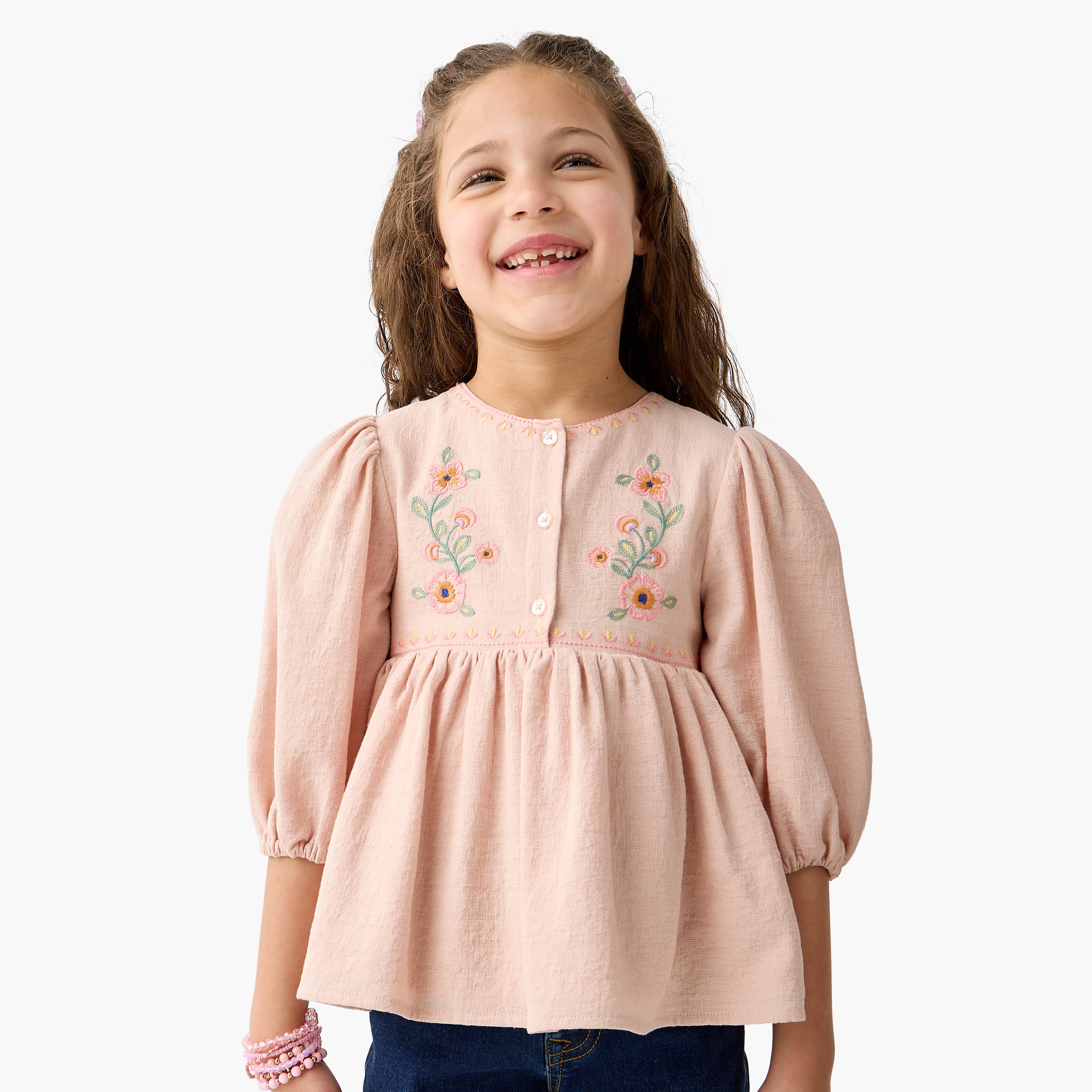 Eligo Embroidered Round Neck Empire Top with 3/4 Sleeves-girls-clothing-blousesandshirts-image-1