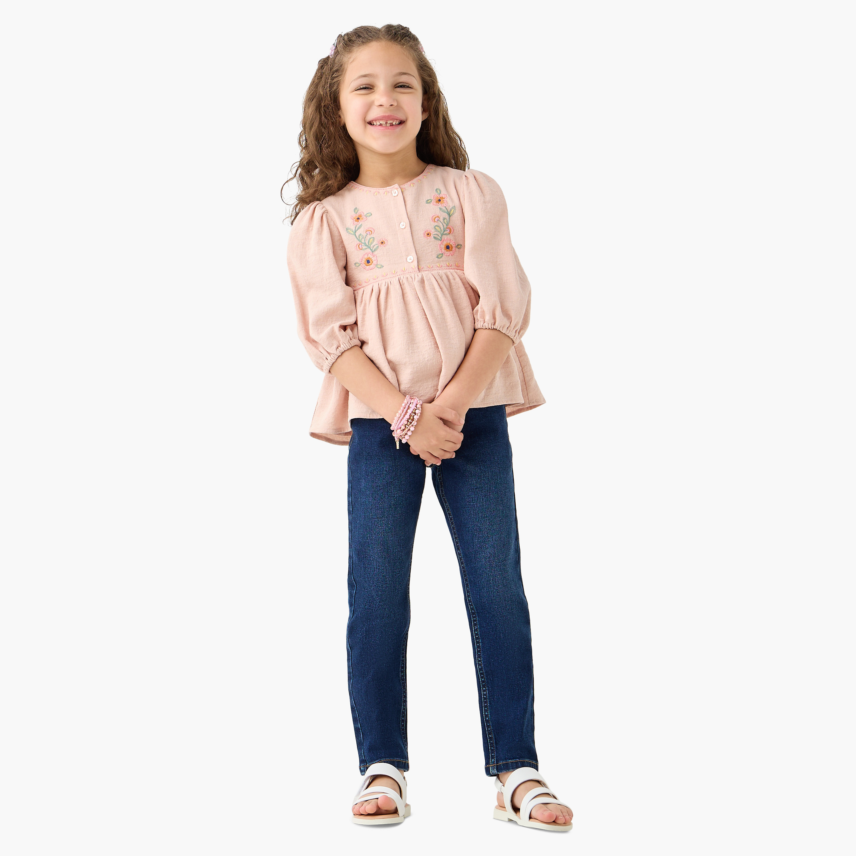 Eligo Embroidered Round Neck Empire Top with 3/4 Sleeves-girls-clothing-blousesandshirts-image-2