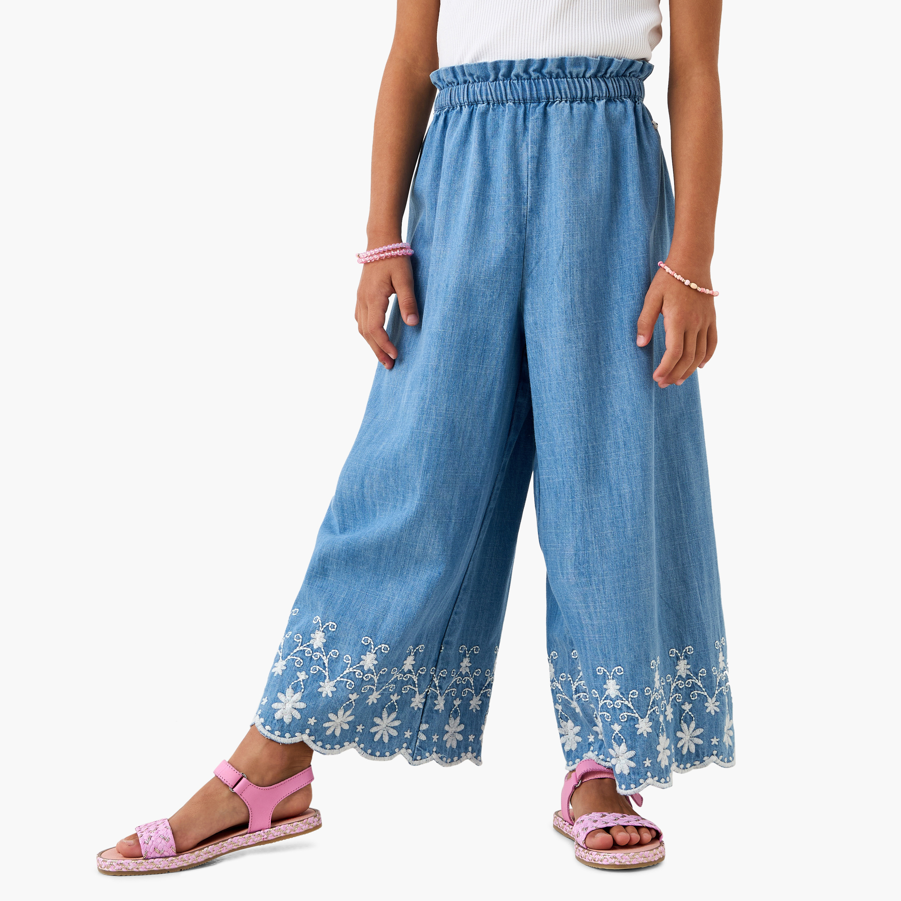 Eligo Embroidered Denim Wide Leg Pants with Elasticated Waistband-girls-clothing-bottoms-trousers-image-1
