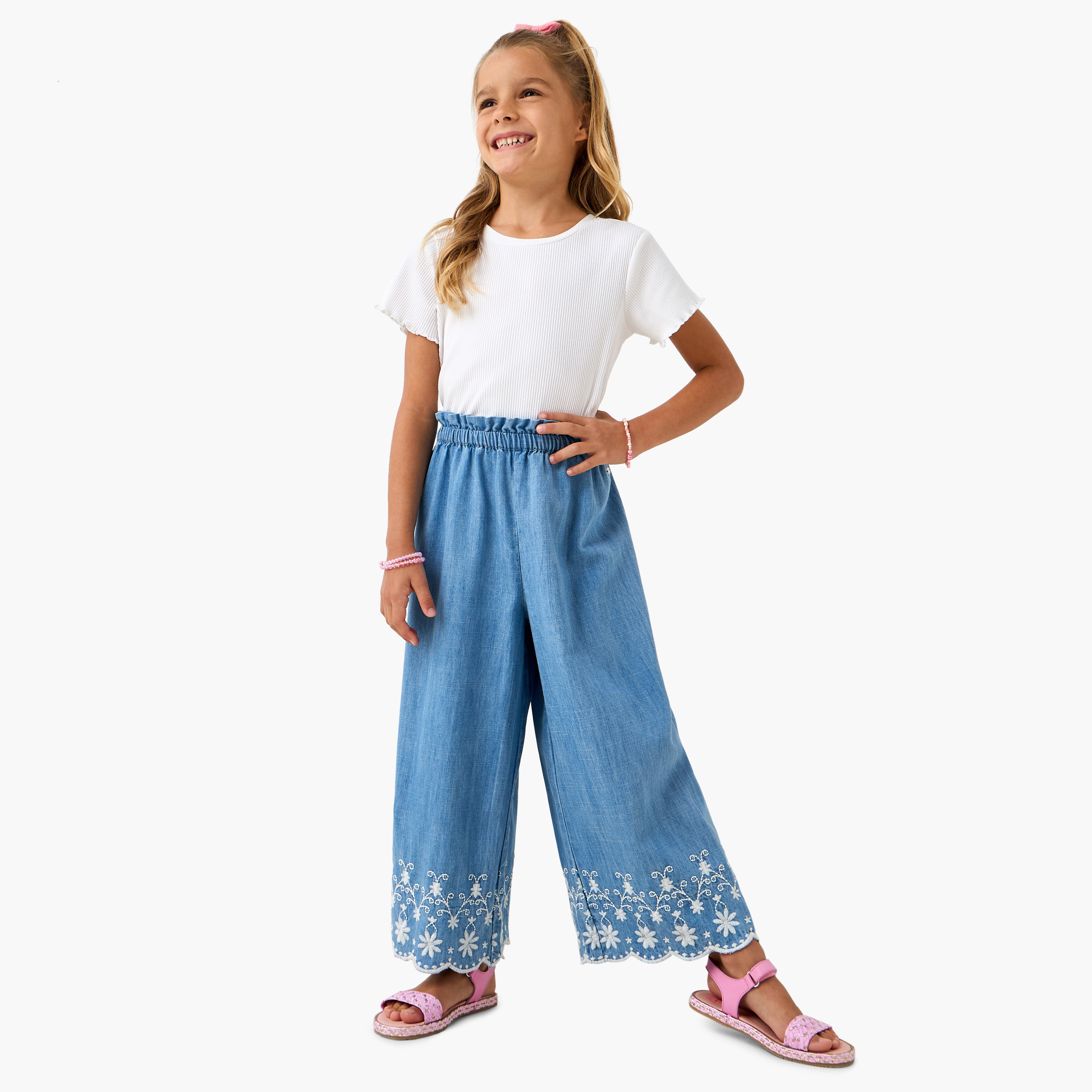 Eligo Embroidered Denim Wide Leg Pants with Elasticated Waistband-girls-clothing-bottoms-trousers-image-2