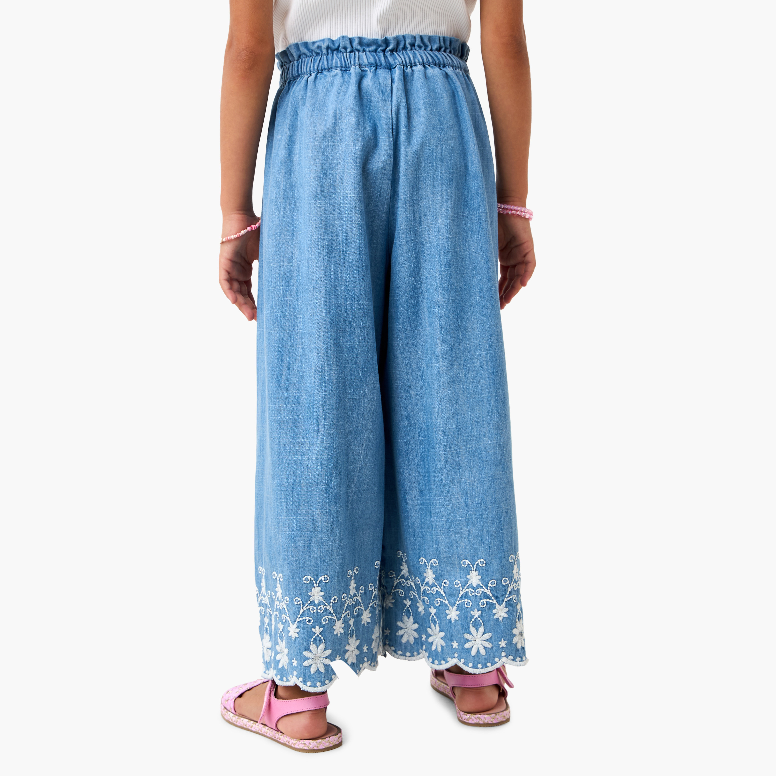 Eligo Embroidered Denim Wide Leg Pants with Elasticated Waistband-girls-clothing-bottoms-trousers-image-3