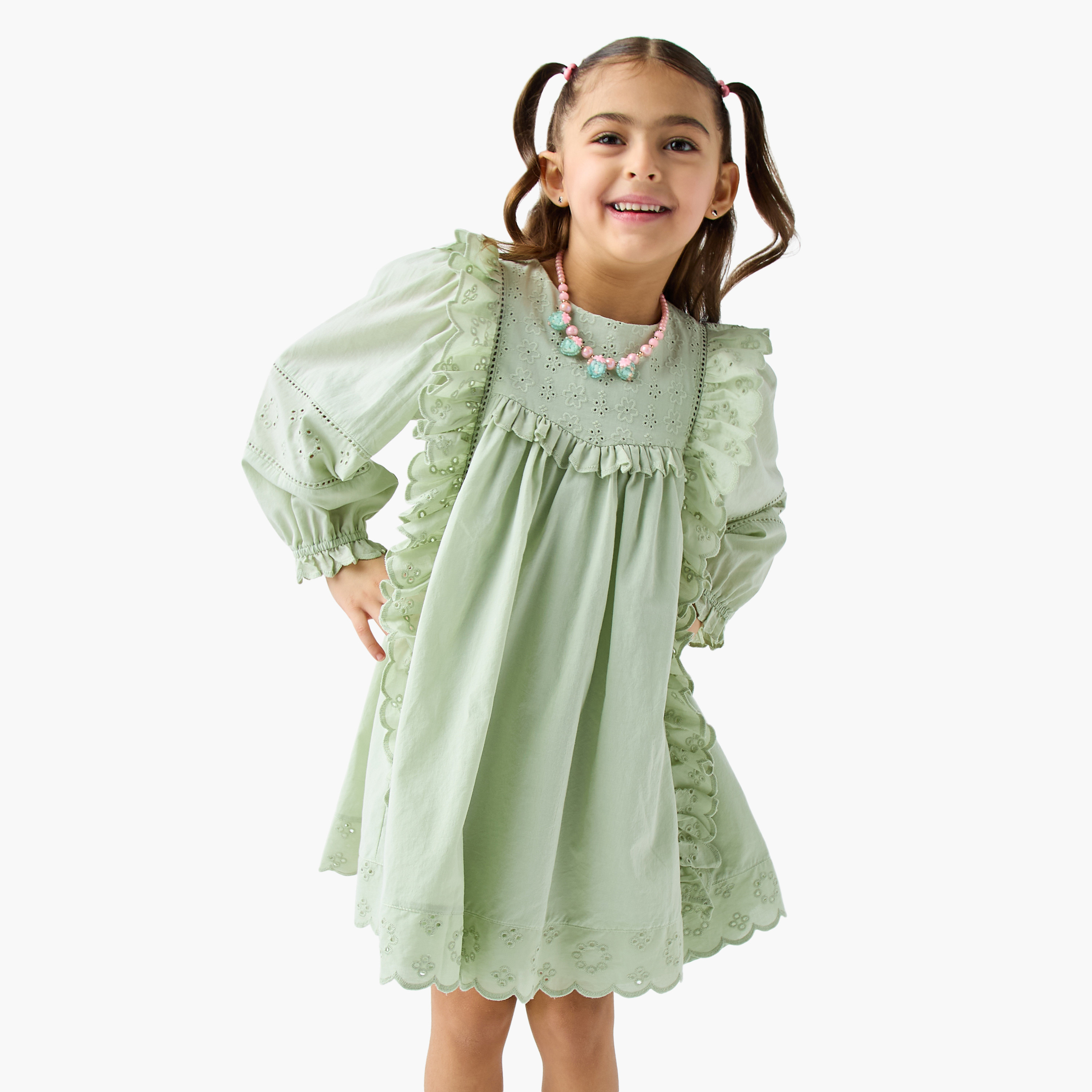 Eligo Schiffli Embroidered Dress with Ruffled Detail and Long Sleeves-girls-clothing-dressesandjumpsuits-image-1