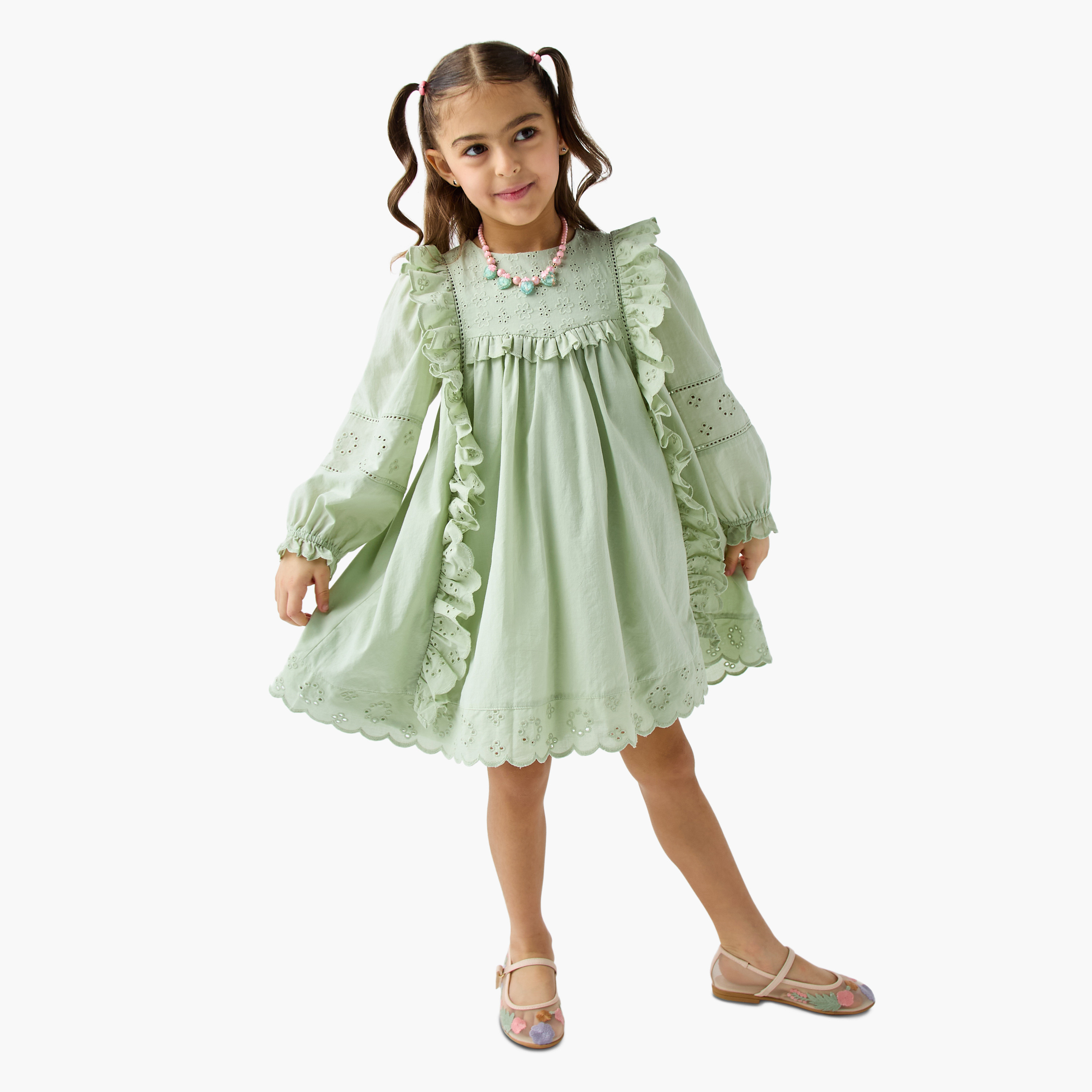 Eligo Schiffli Embroidered Dress with Ruffled Detail and Long Sleeves-girls-clothing-dressesandjumpsuits-image-2