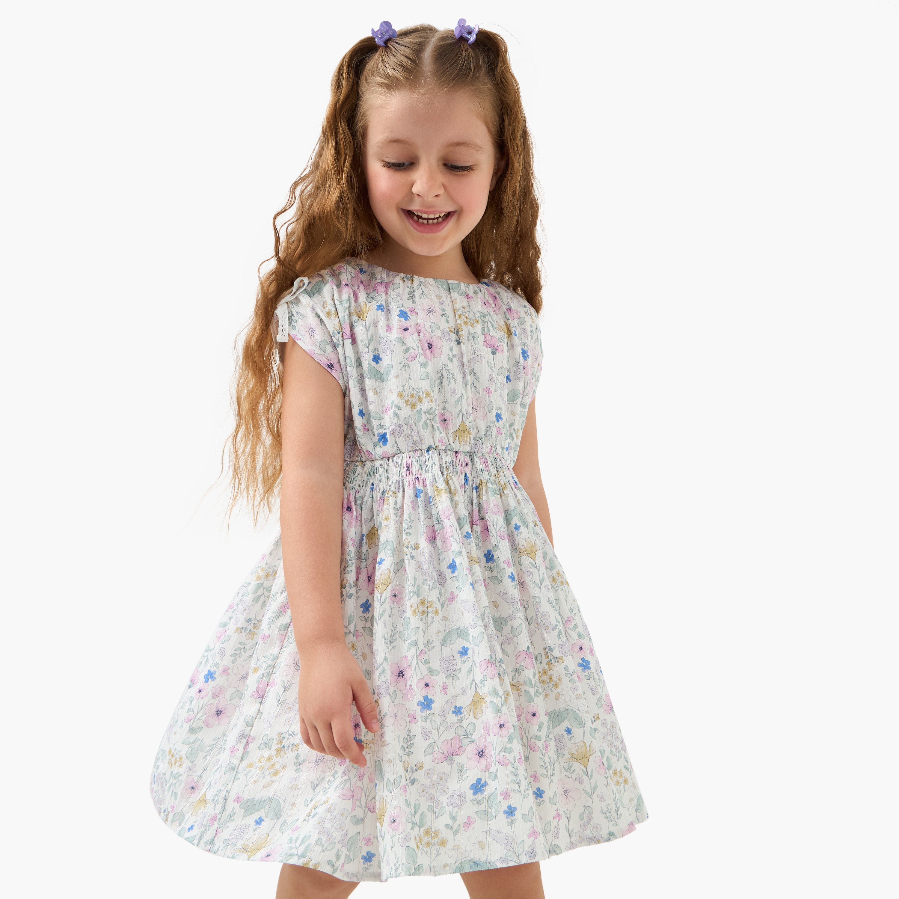 Eligo Floral Print A-line Dress with Shirred Detail and Short Sleeves-girls-clothing-dressesandjumpsuits-image-1