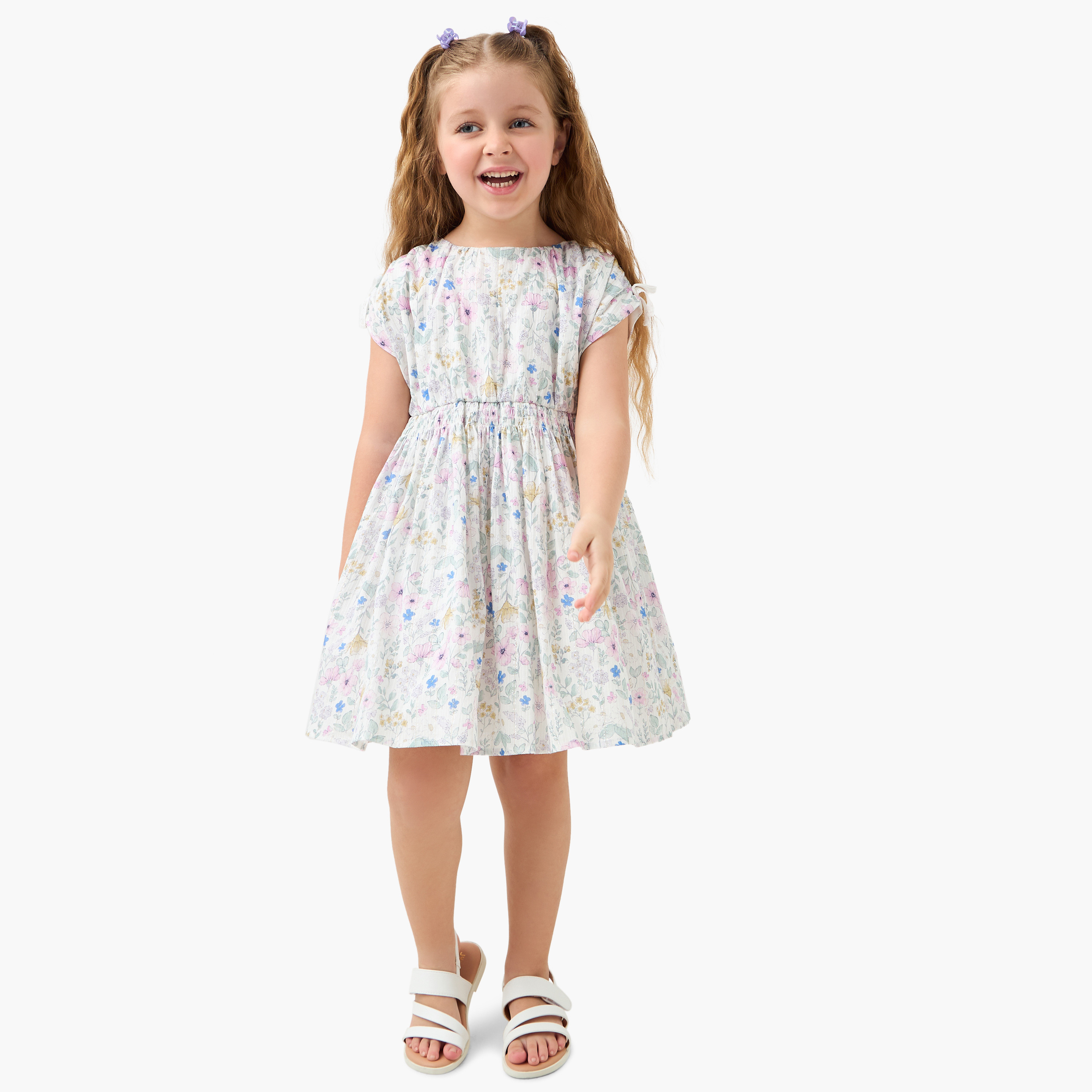 Eligo Floral Print A-line Dress with Shirred Detail and Short Sleeves-girls-clothing-dressesandjumpsuits-image-2