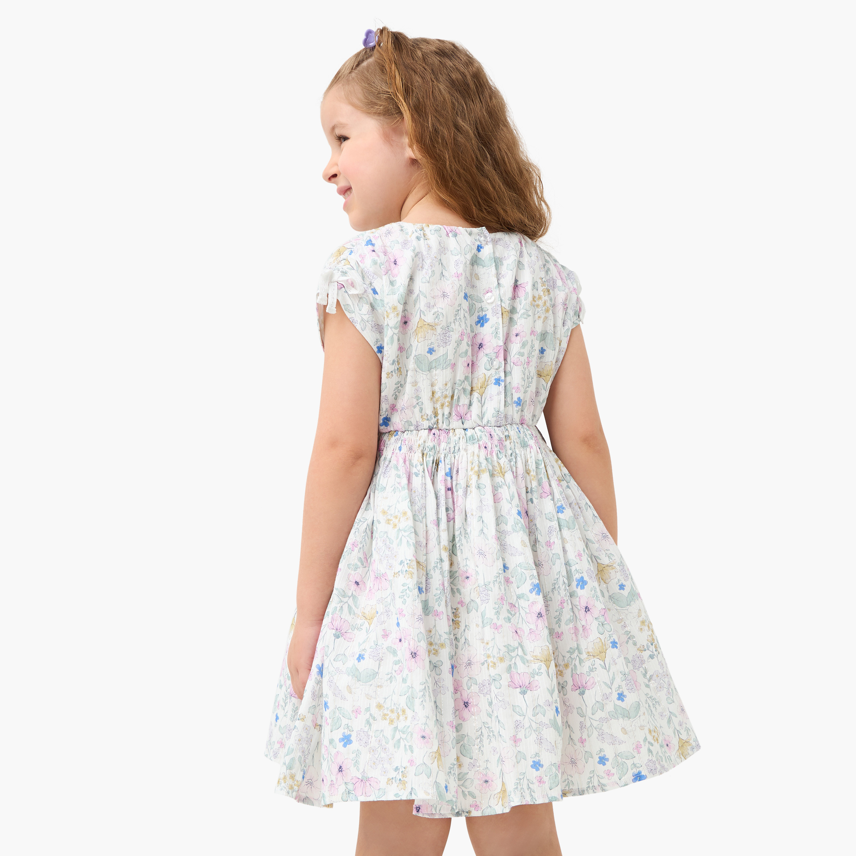 Eligo Floral Print A-line Dress with Shirred Detail and Short Sleeves-girls-clothing-dressesandjumpsuits-image-3