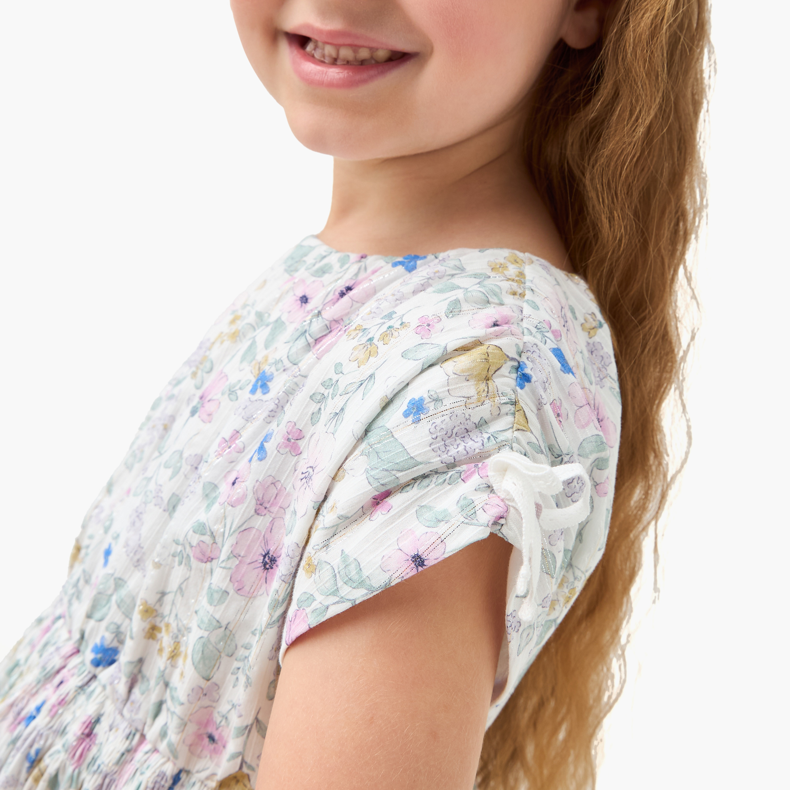 Eligo Floral Print A-line Dress with Shirred Detail and Short Sleeves-girls-clothing-dressesandjumpsuits-image-4