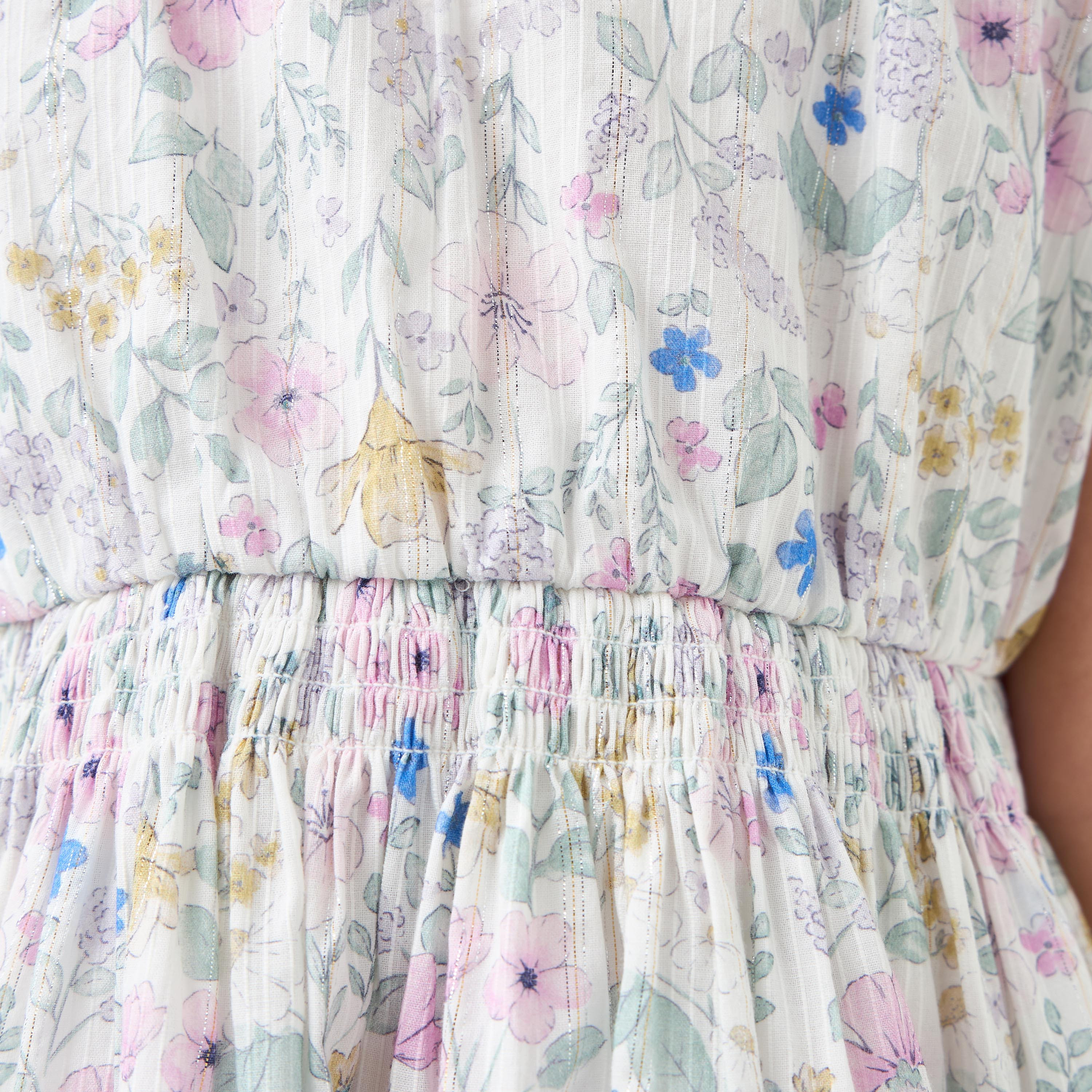 Eligo Floral Print A-line Dress with Shirred Detail and Short Sleeves-girls-clothing-dressesandjumpsuits-image-5