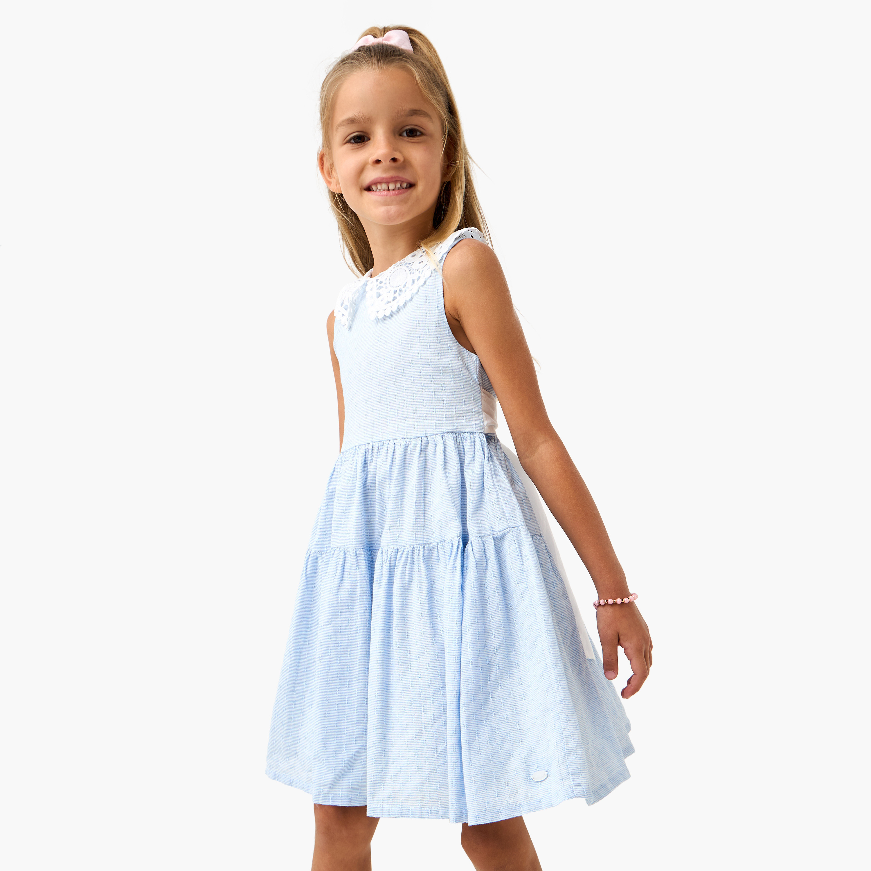 Eligo Textured Sleeveless A-line Dress with Lace Detail Collar-girls-clothing-dressesandjumpsuits-image-1