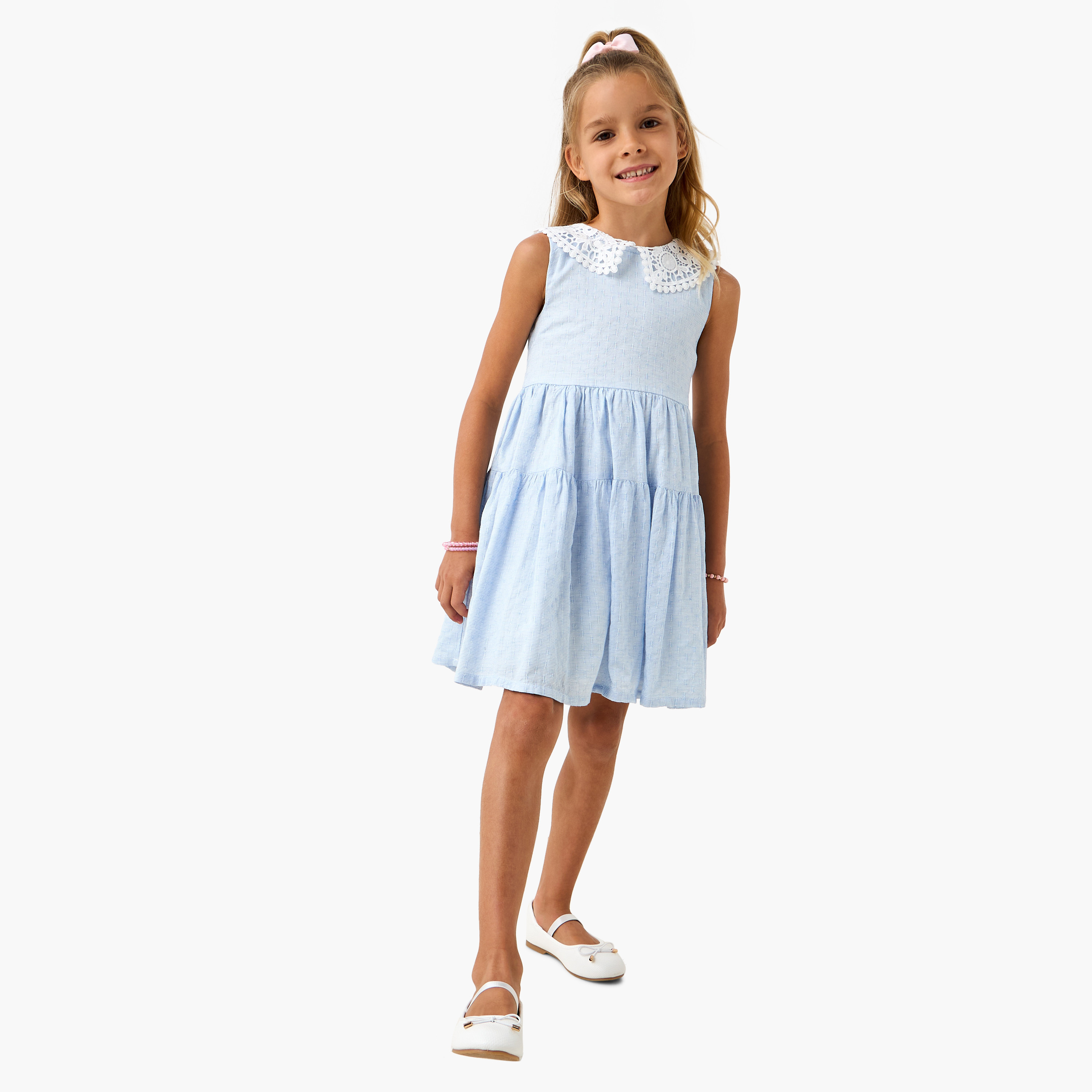 Eligo Textured Sleeveless A-line Dress with Lace Detail Collar-girls-clothing-dressesandjumpsuits-image-2