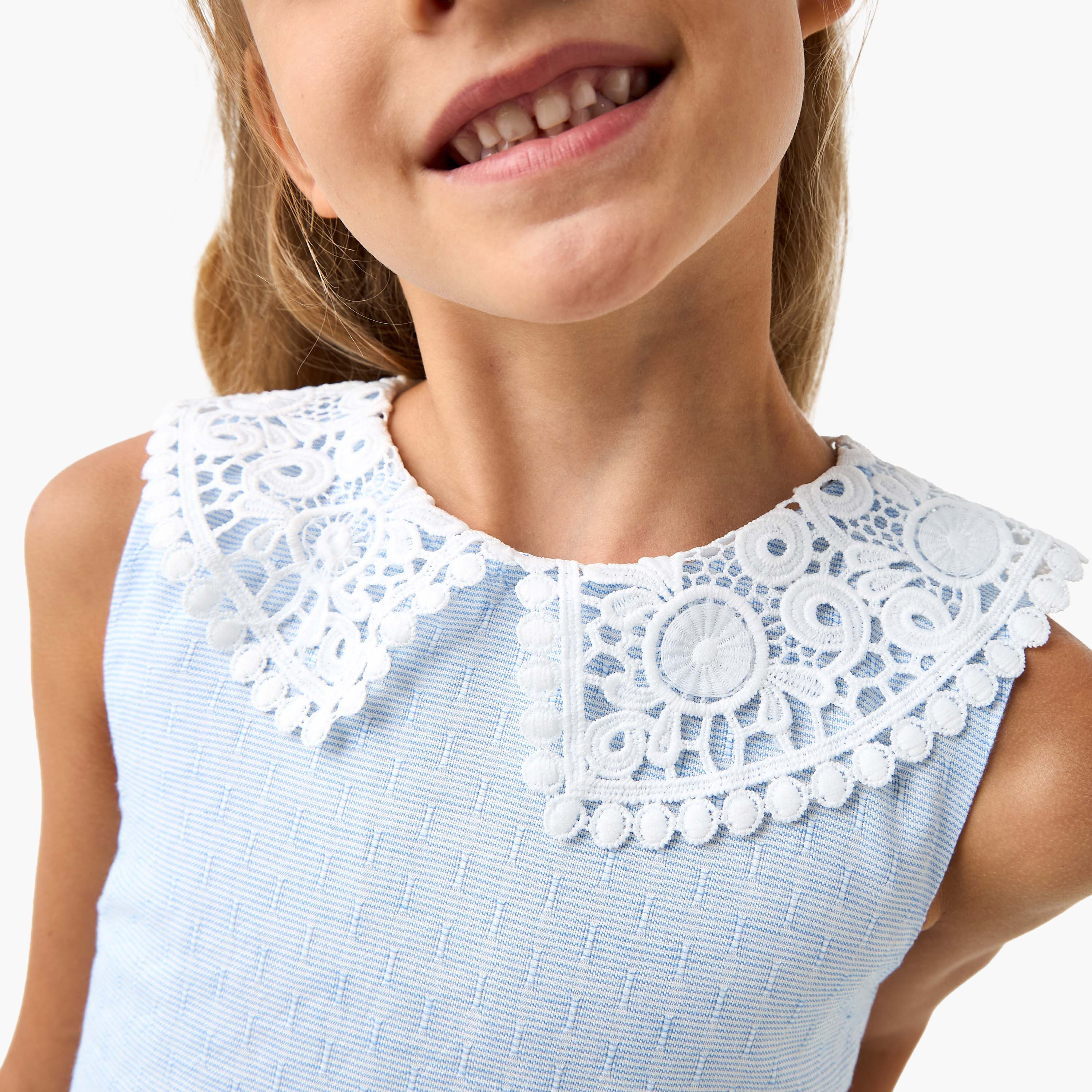 Eligo Textured Sleeveless A-line Dress with Lace Detail Collar-girls-clothing-dressesandjumpsuits-image-4