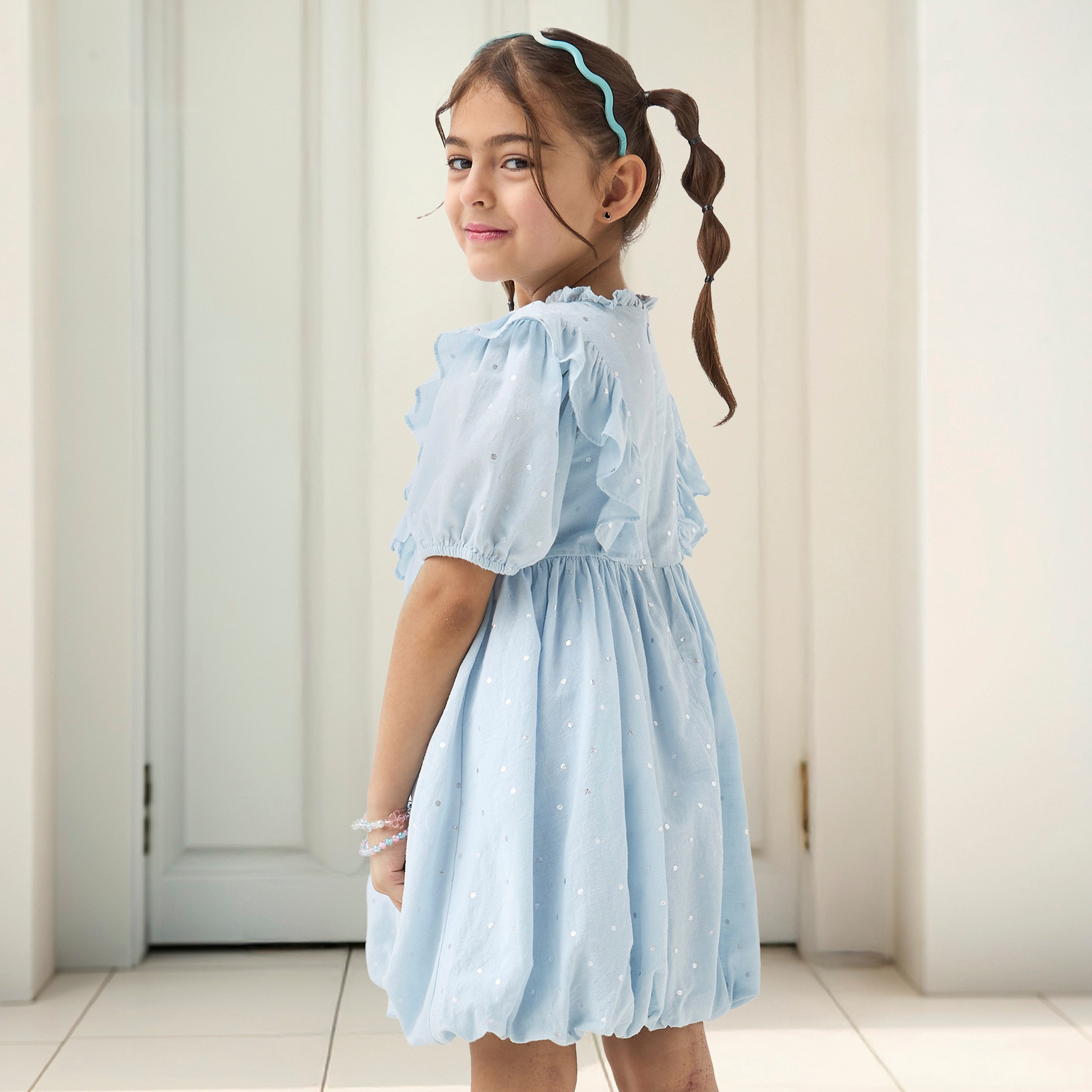 Eligo Embellished A-line Dress with Pie-Crust Neck and Short Sleeves-girls-clothing-dressesandjumpsuits-image-3