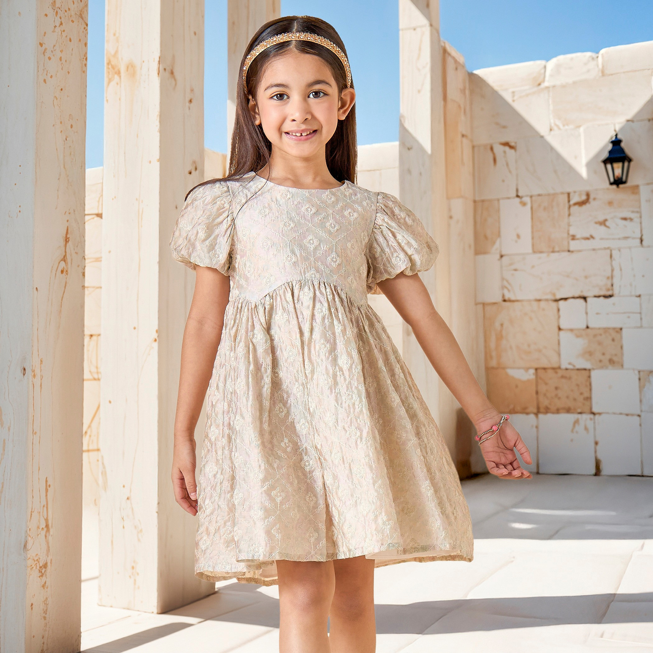 Eligo All-Over Embroidered Dress with Balloon Sleeves and Zip Closure-girls-clothing-dressesandjumpsuits-image-1